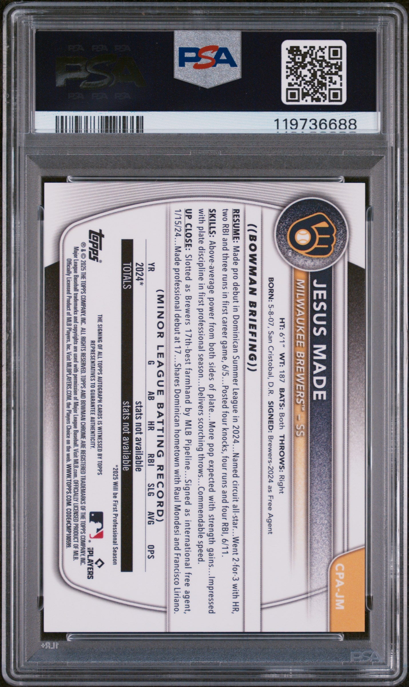 2025 Topps Bowman Chrome Prospect Autograph Jesus Made #CPA-JM PSA 10