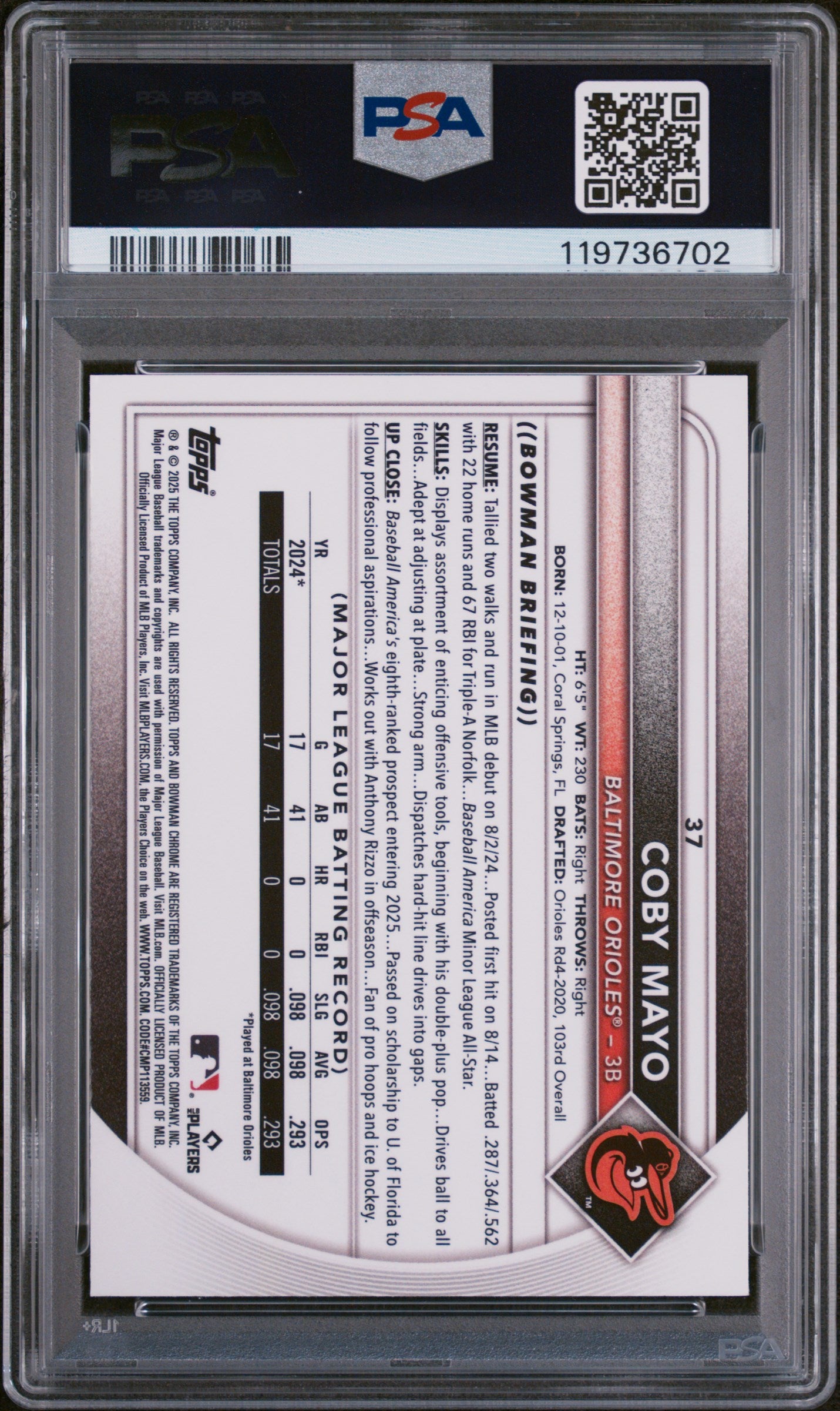 2025 Topps Bowman Red Rookie Redemption Coby Mayo #37 RC PSA 10