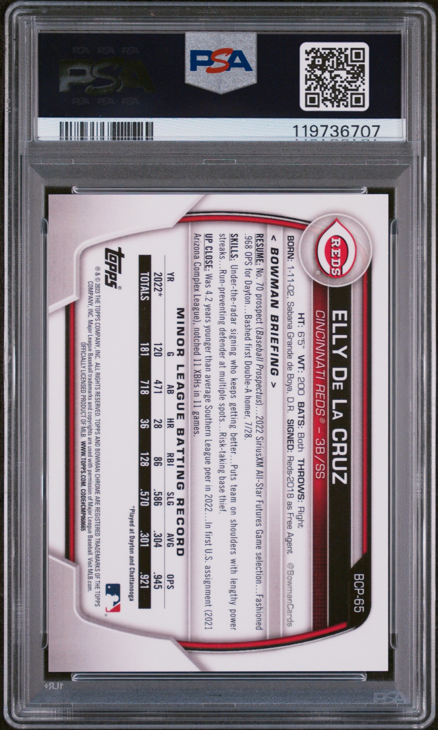 2023 Bowman Chrome Prospects Lava Refractor Elly De La Cruz #BCP65 /399 PSA 10