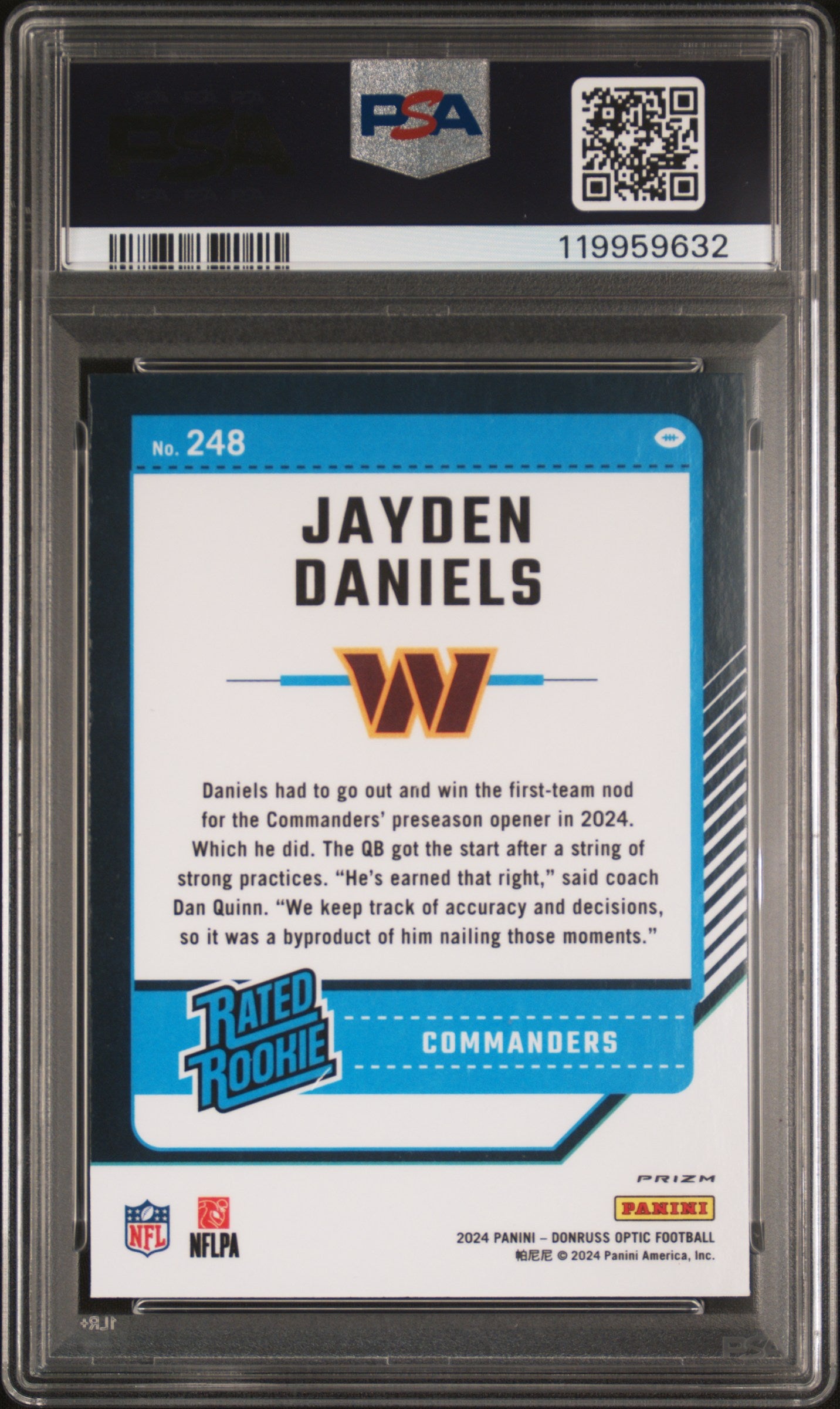 2024 Donruss Optic Rated Rookie Blue Glitter Jayden Daniels #248 PSA 9