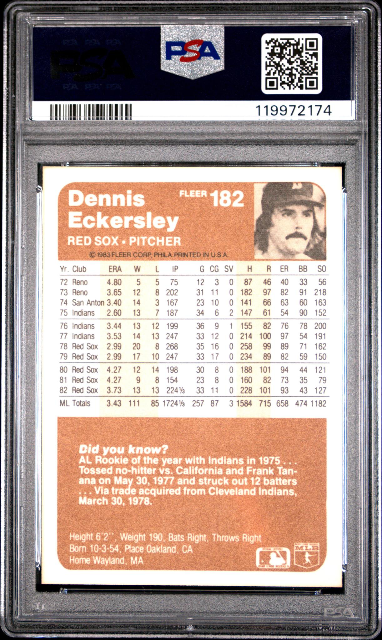 1983 Fleer Dennis Eckersley #182 PSA 10