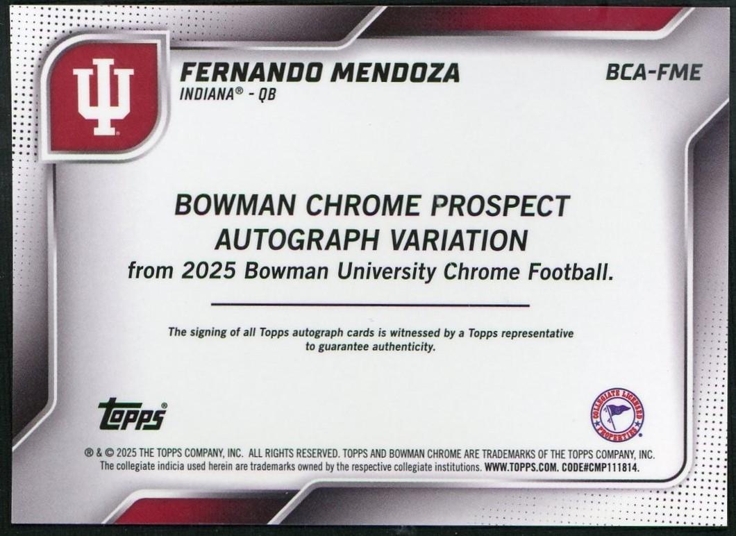 2025 Topps Bowman University Chrome Purple Fernando Mendoza #BCA-FME Auto /75