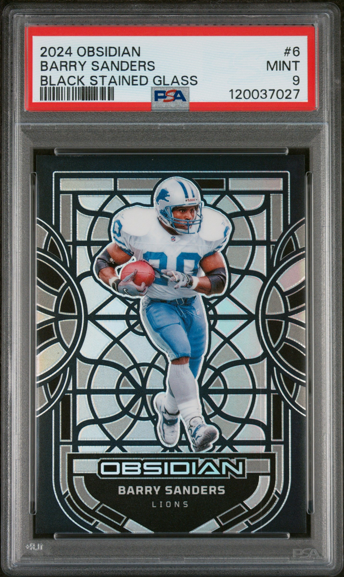 2024 Panini Obsidian Black Stained Glass Barry Sanders #6 PSA 9