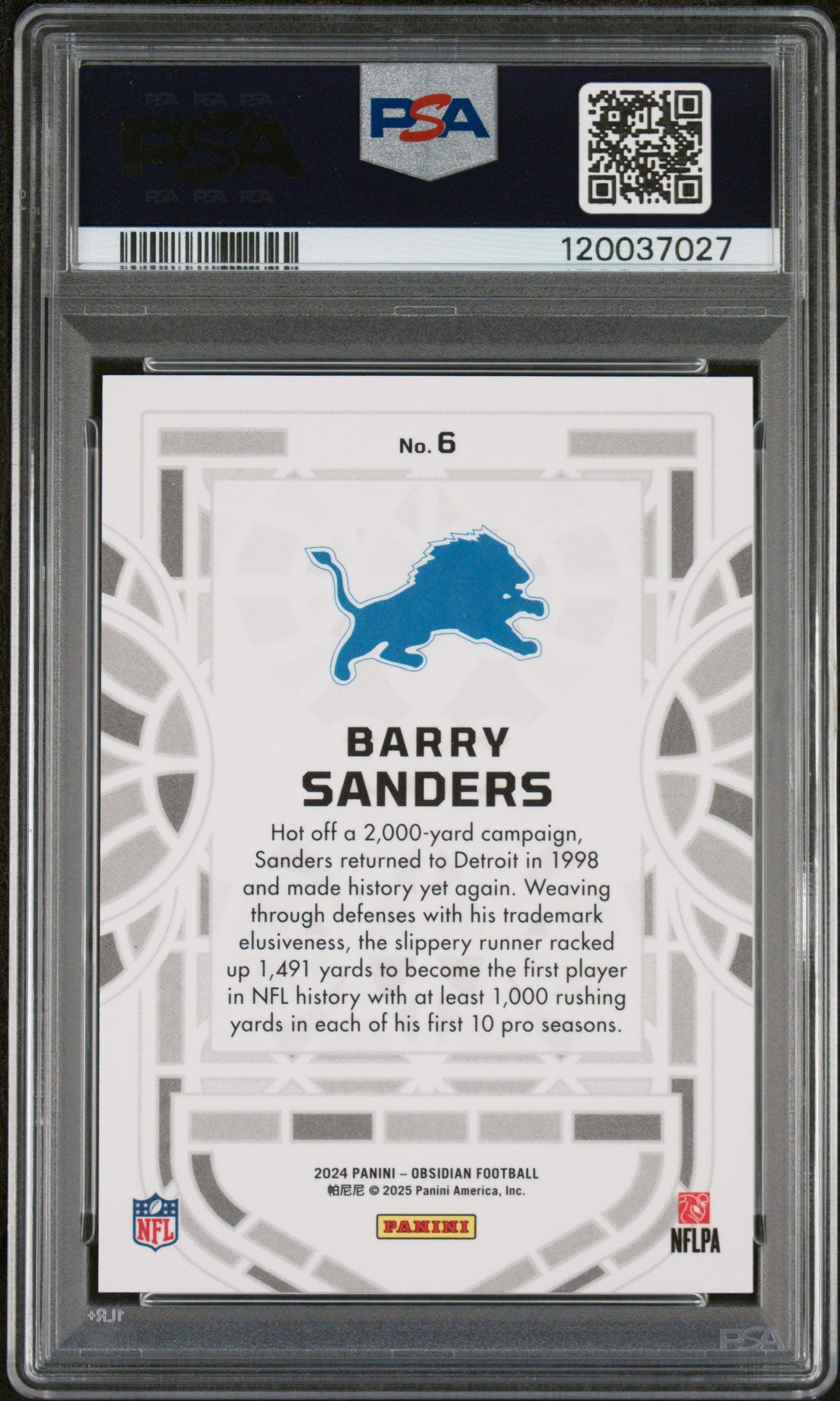 2024 Panini Obsidian Black Stained Glass Barry Sanders #6 PSA 9