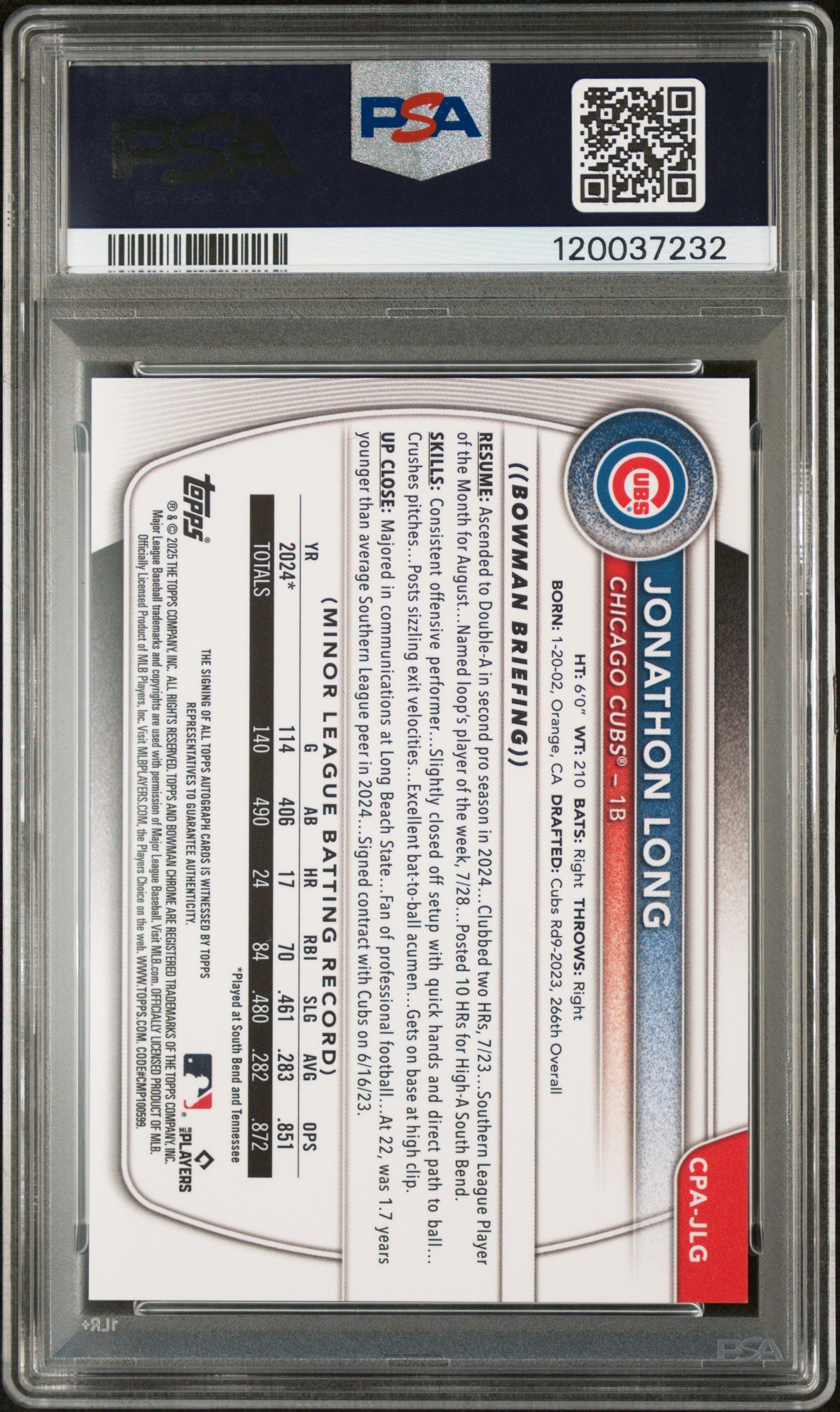 2025 Bowman Chrome Prospect Autograph Jonathon Long #CPAJLG PSA 9