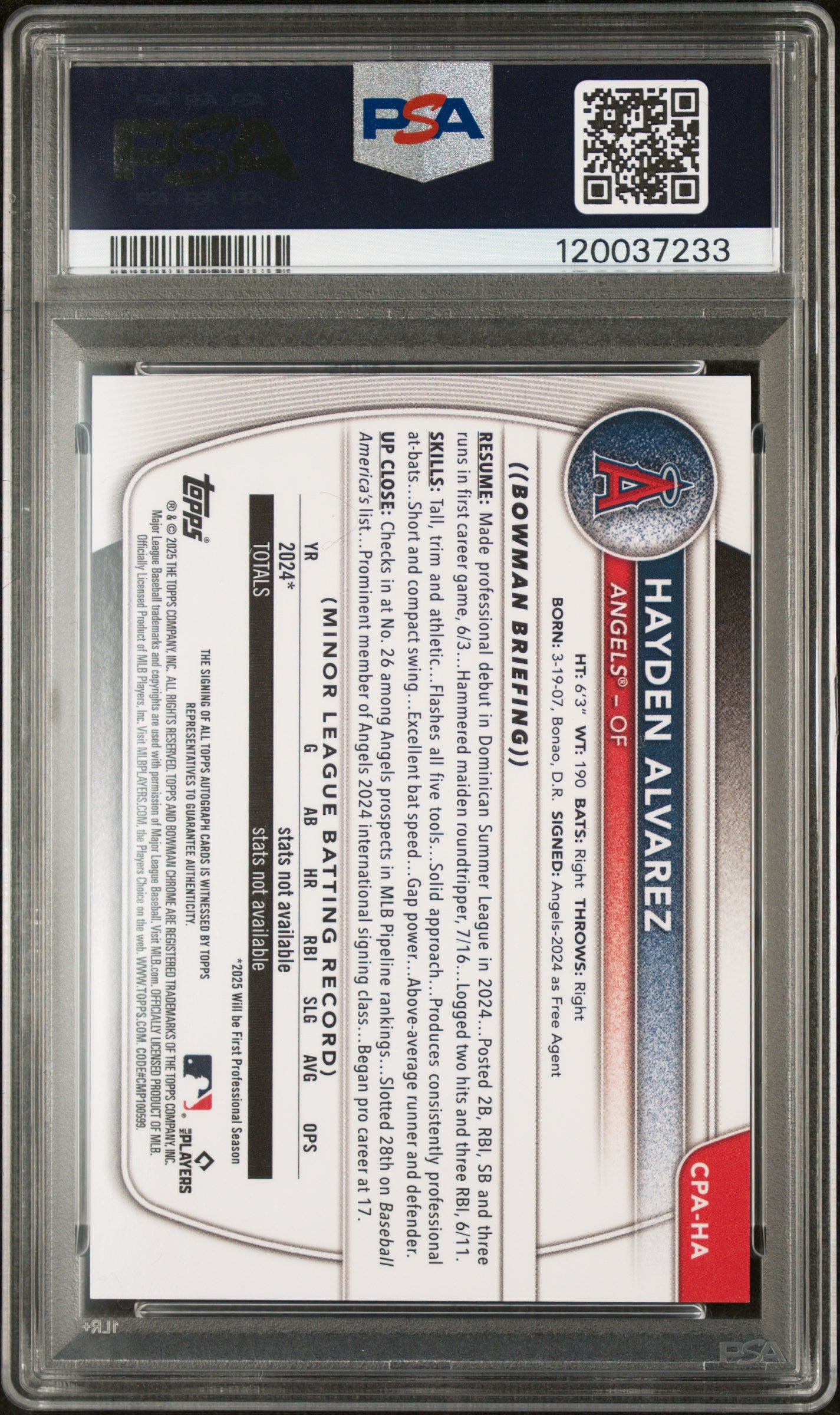 2025 Bowman Chrome Prospect Autograph Hayden Alvarez #CPAHA PSA 9