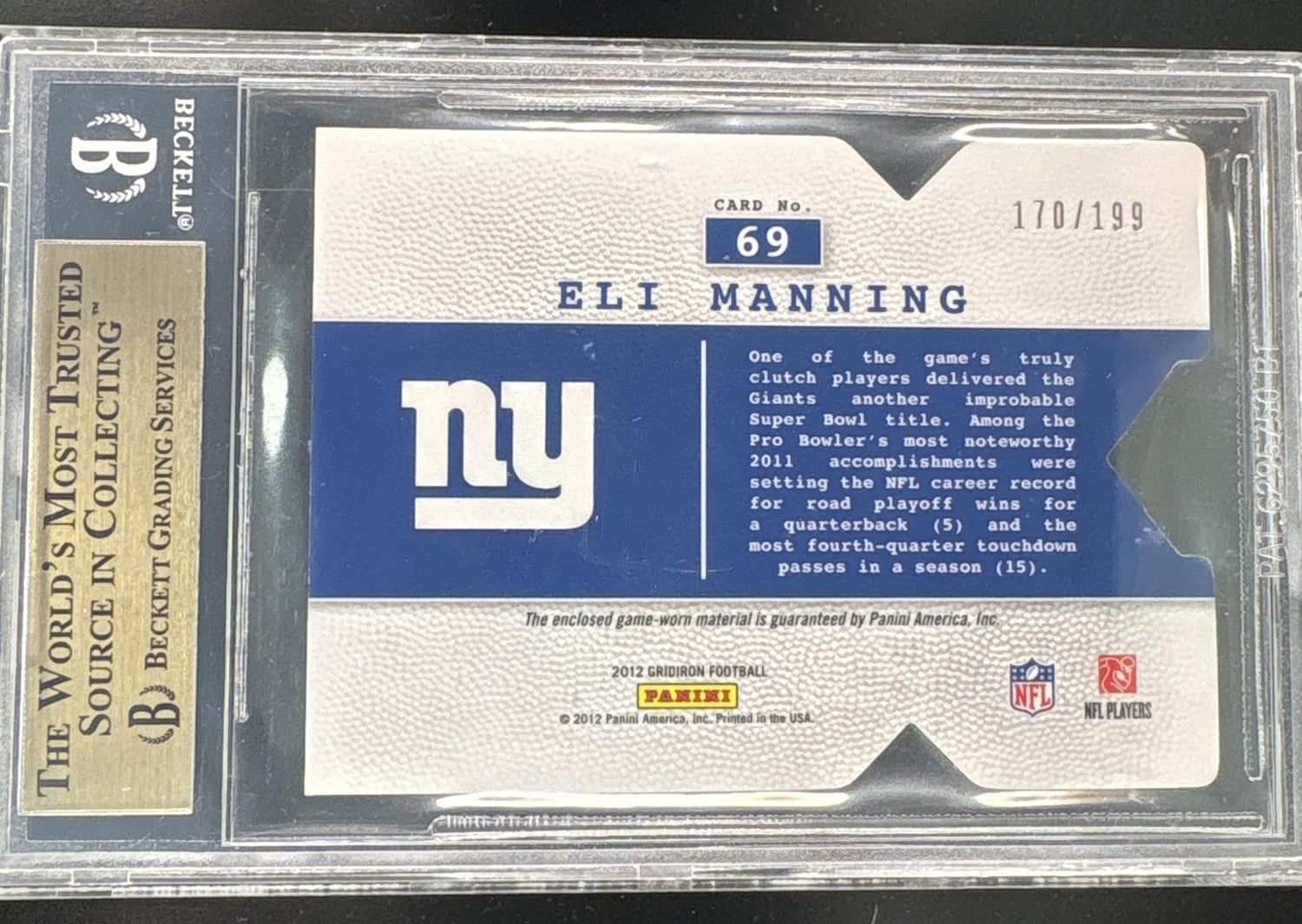 2012 Gridiron #69 Eli Manning Jerseys X's /199 BGS 9.5