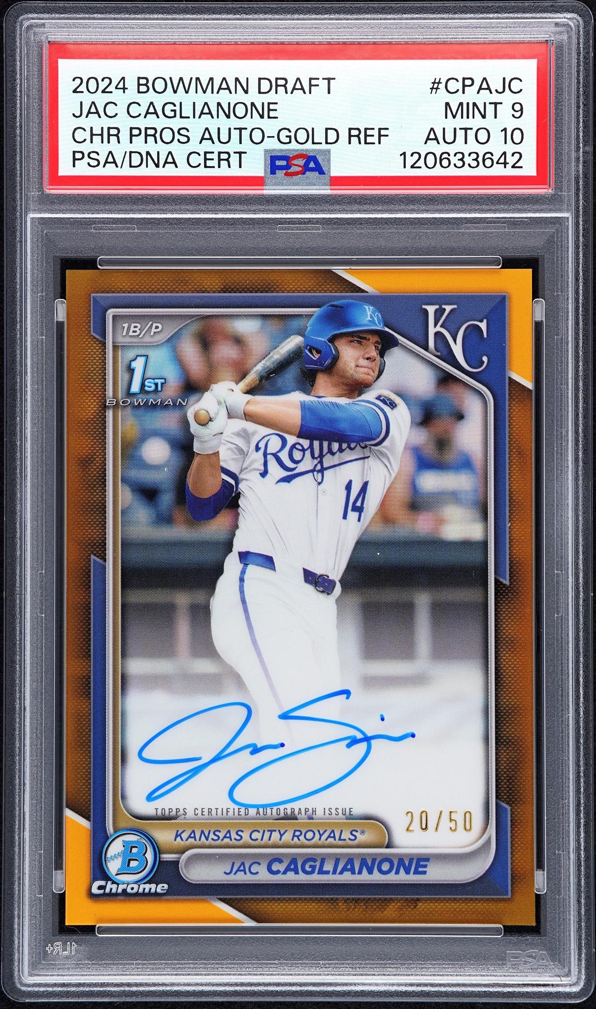 2024 Chrome Draft Autographs Gold Refractors Jac Caglianone #CPAJC /50 PSA 9