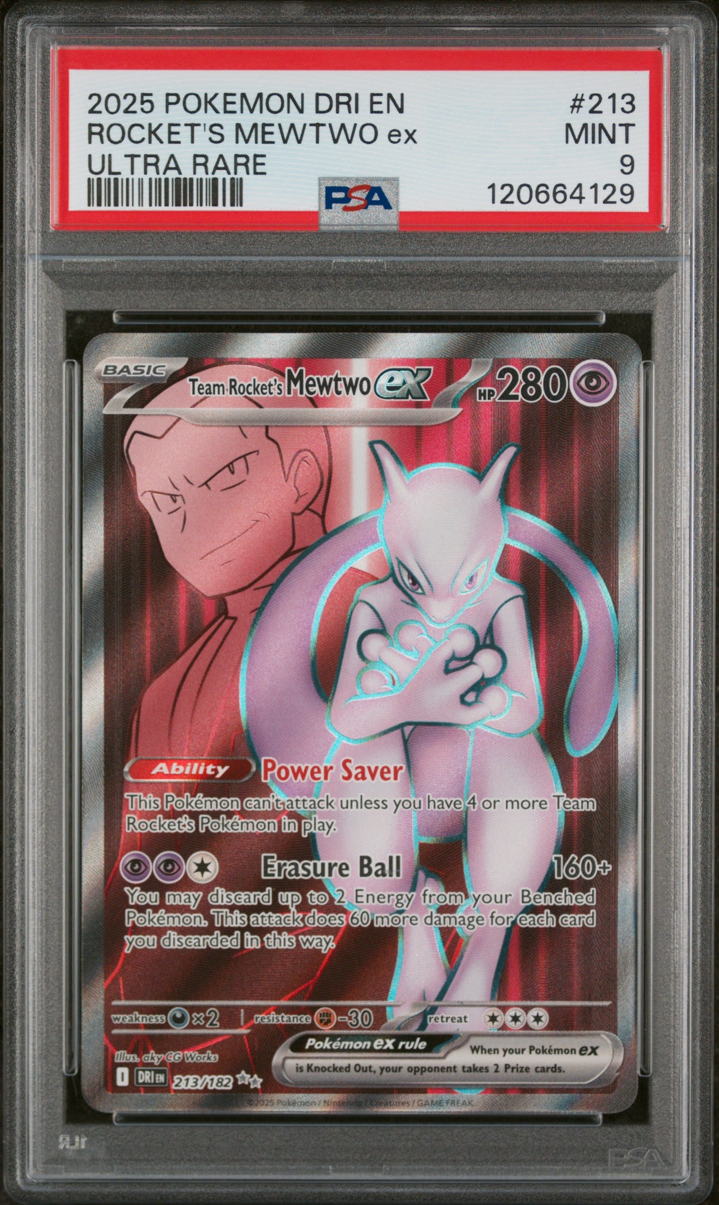 2025 Team Rocket's #213/182 Rocket's Mewtwo ex Ultra Rare PSA 9