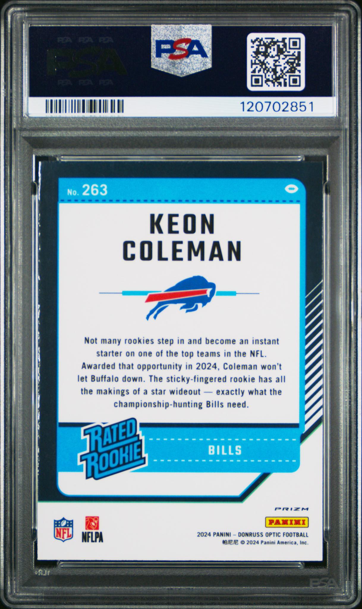 2024 Panini Donruss Optic Blue Hyper Keon Coleman #263 RC PSA 10