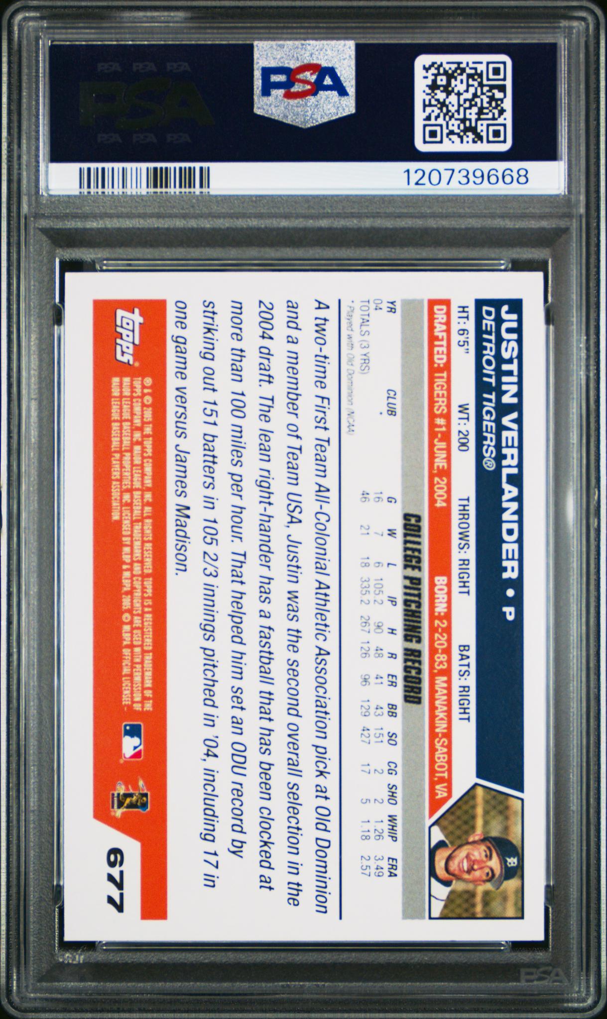 2005 Topps Draft Pick Justin Verlander #677 RC PSA 9