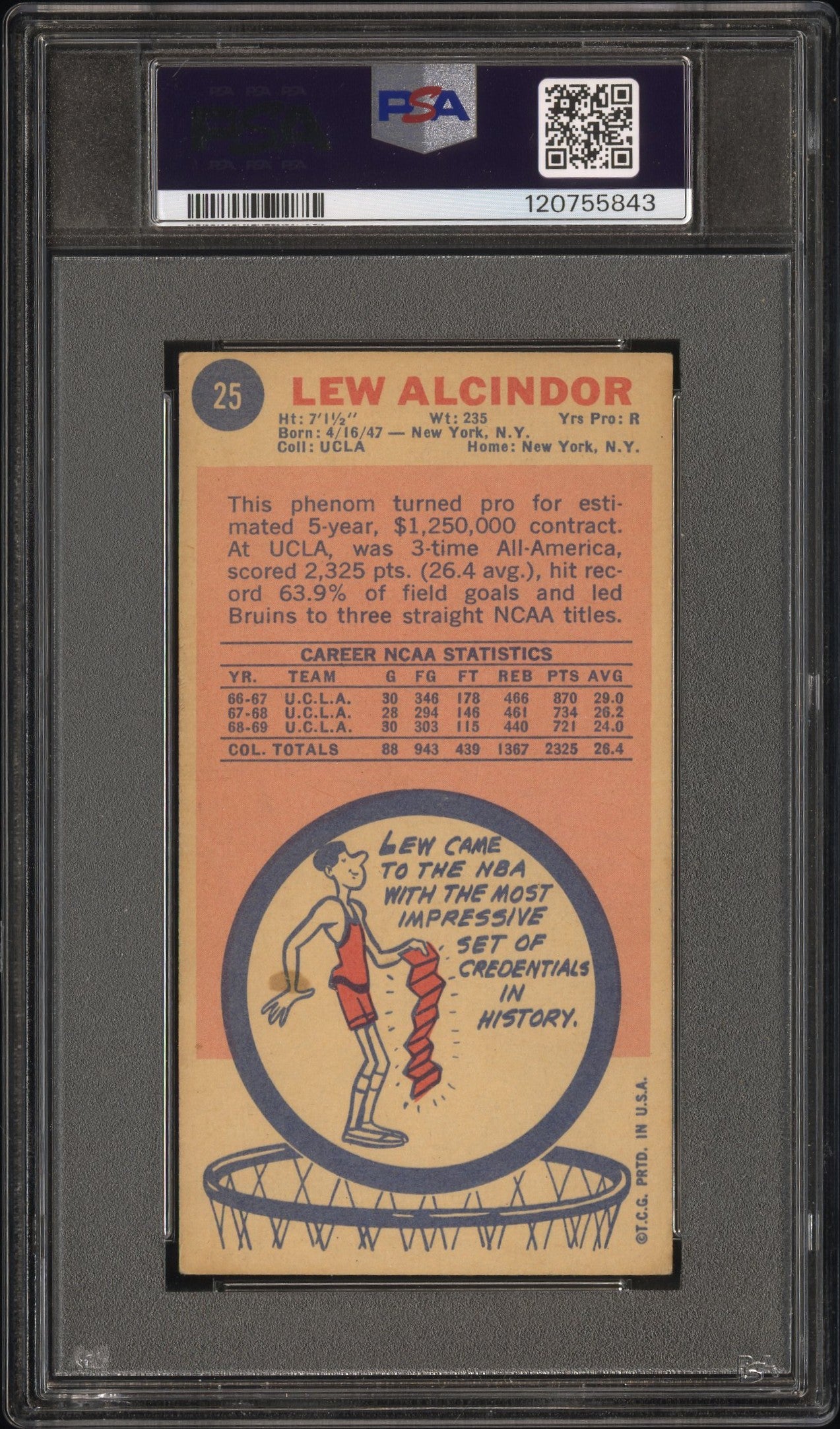 1969 Topps Basketball Lew Alcindor #25 RC PSA 2