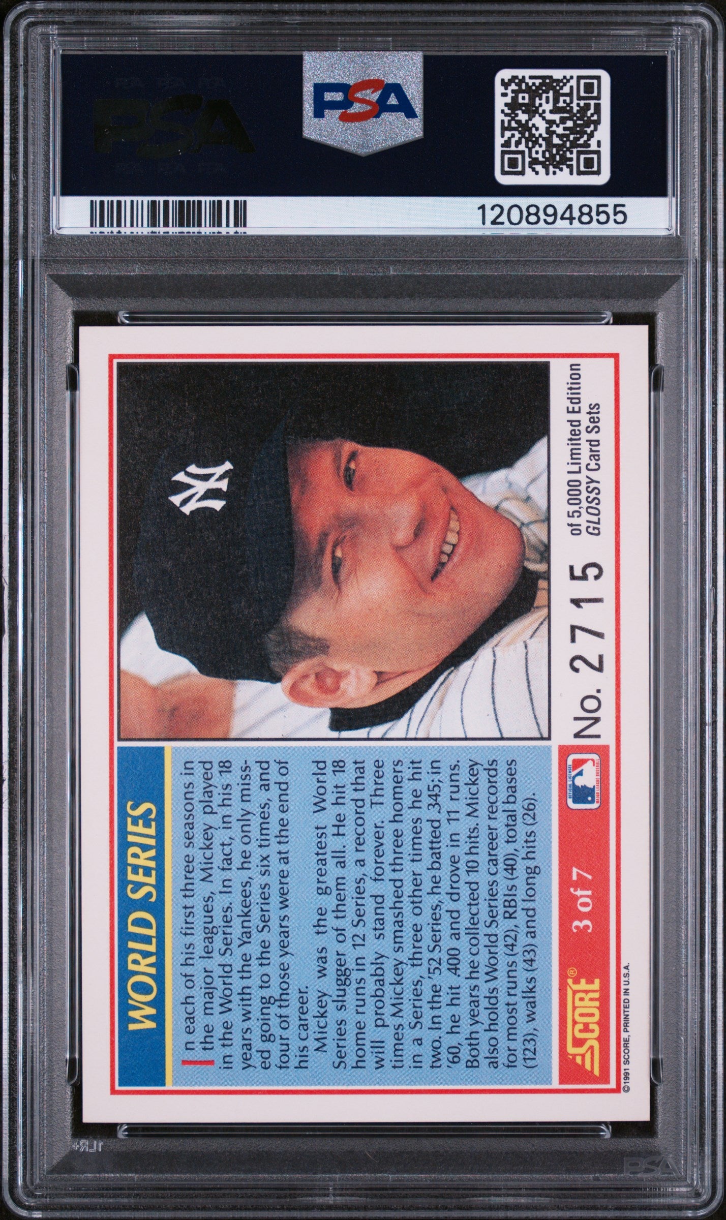 1991 Score #3 Mickey Mantle World Series /5000 PSA 10