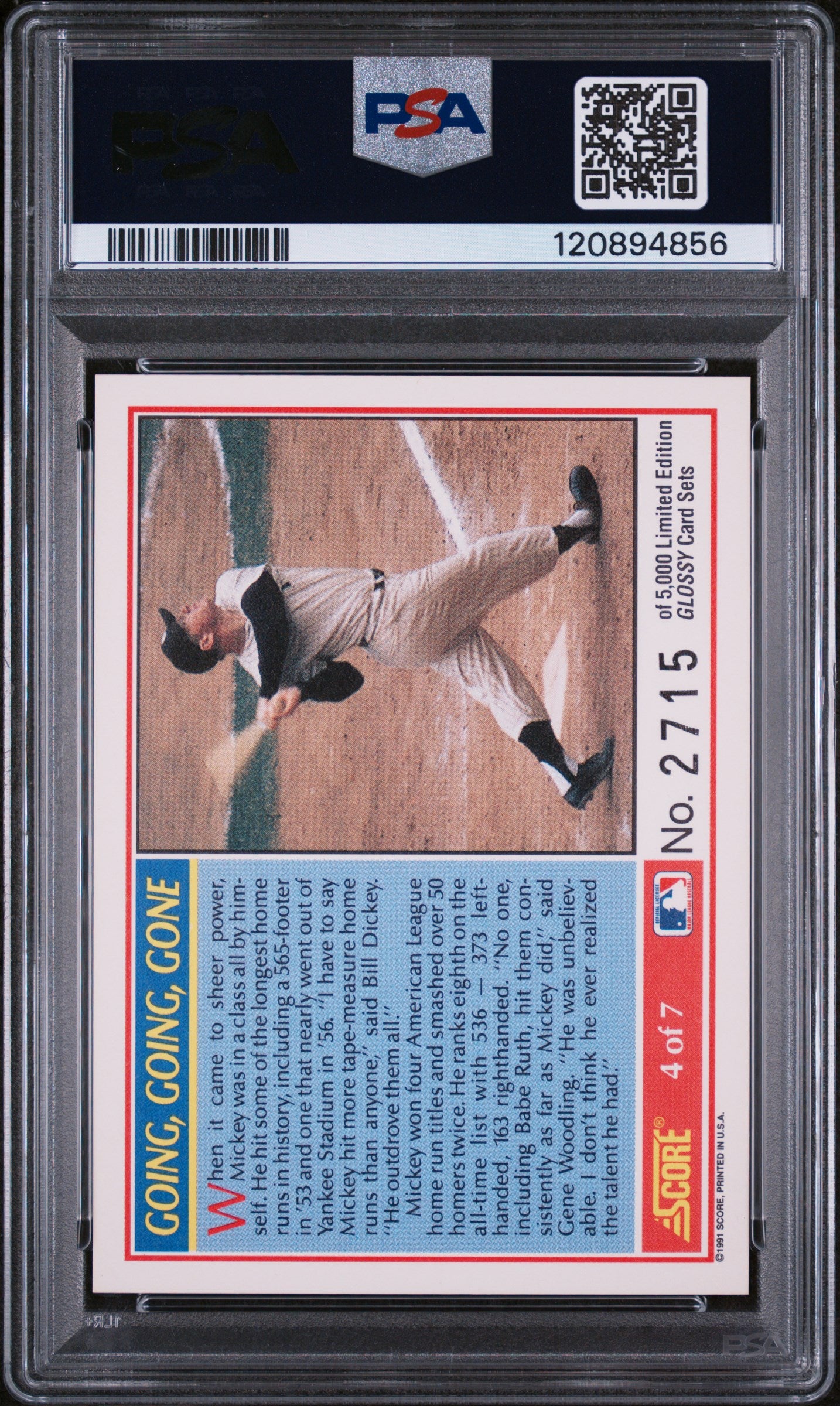 1991 Score #4 Mickey Mantle Going Gone 2715 PSA 10