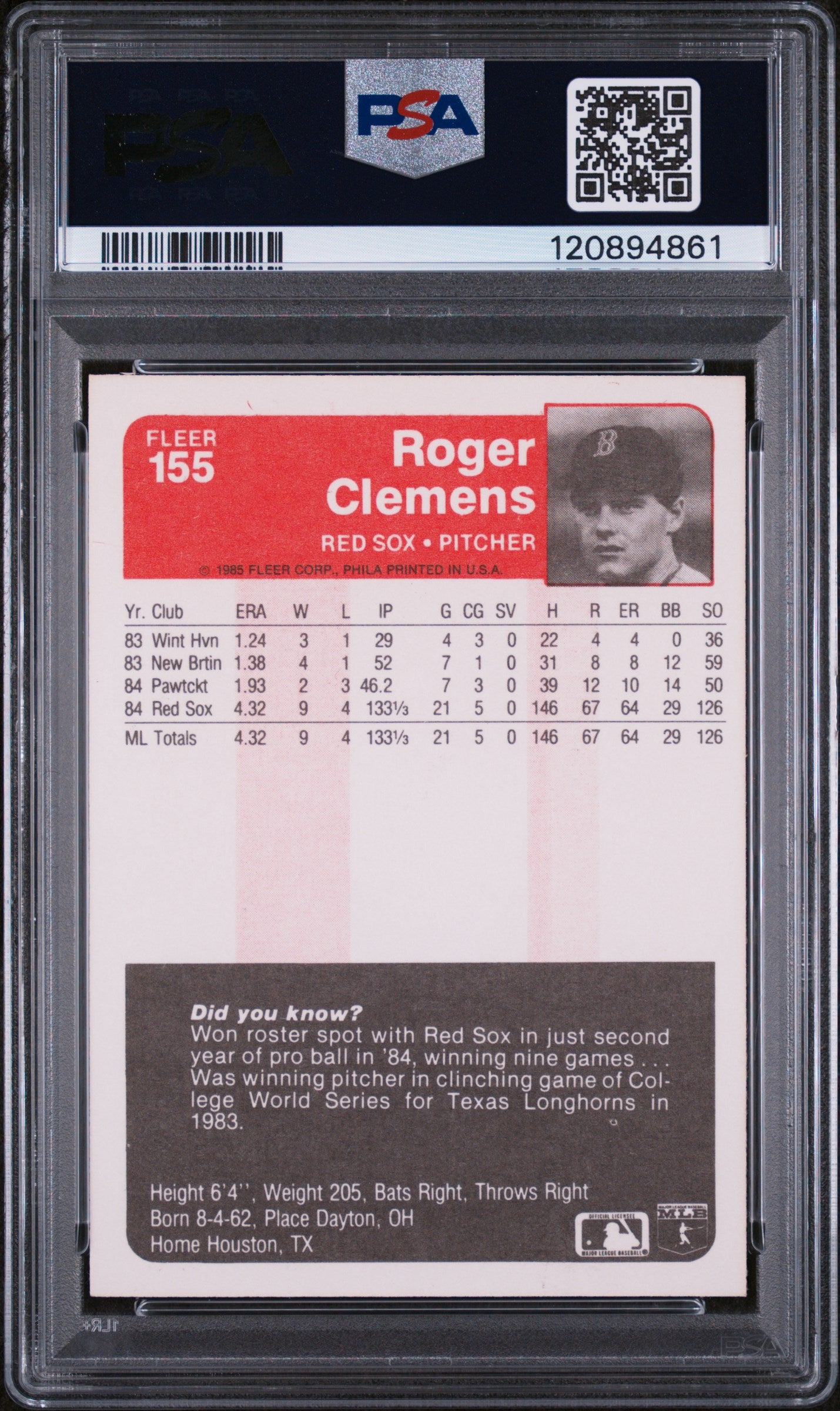 1985 Fleer Baseball Roger Clemens #155 RC PSA 9