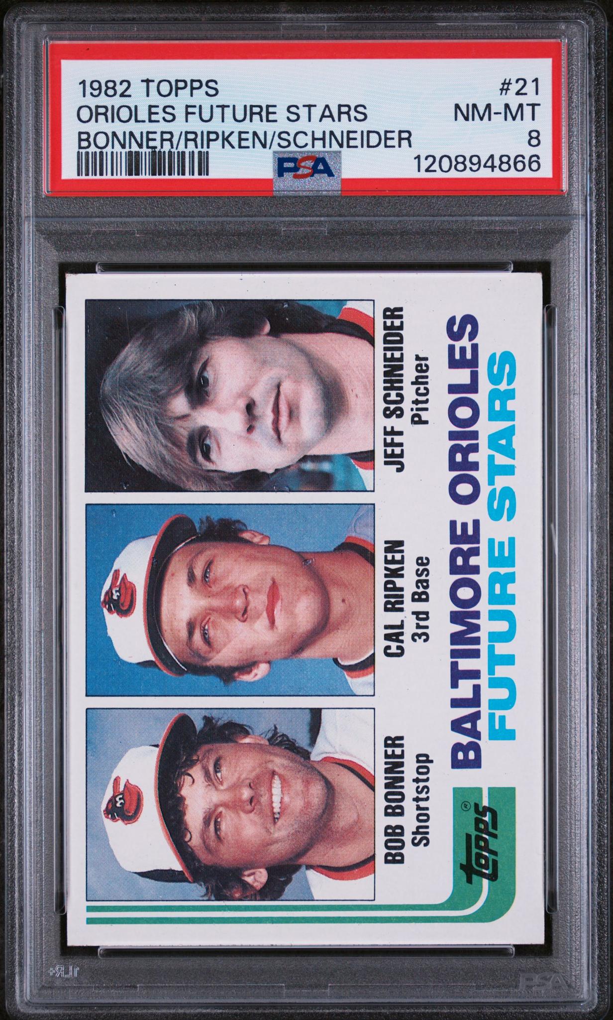 1982 Topps Bob Bonner / Cal Ripken / Jeff Schneider Orioles Future Stars PSA 8