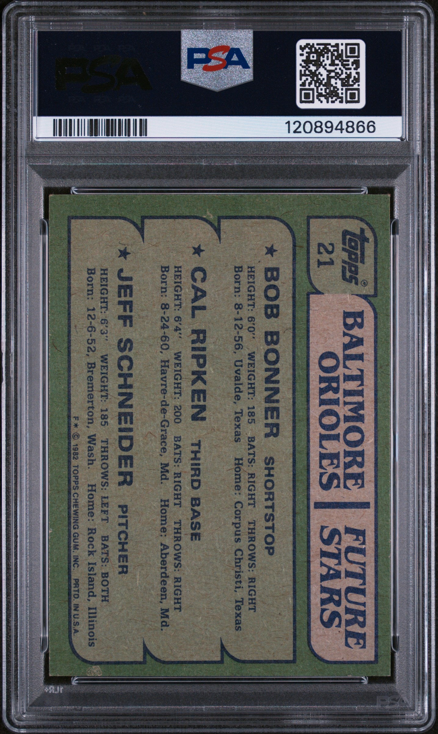 1982 Topps Bob Bonner / Cal Ripken / Jeff Schneider Orioles Future Stars PSA 8