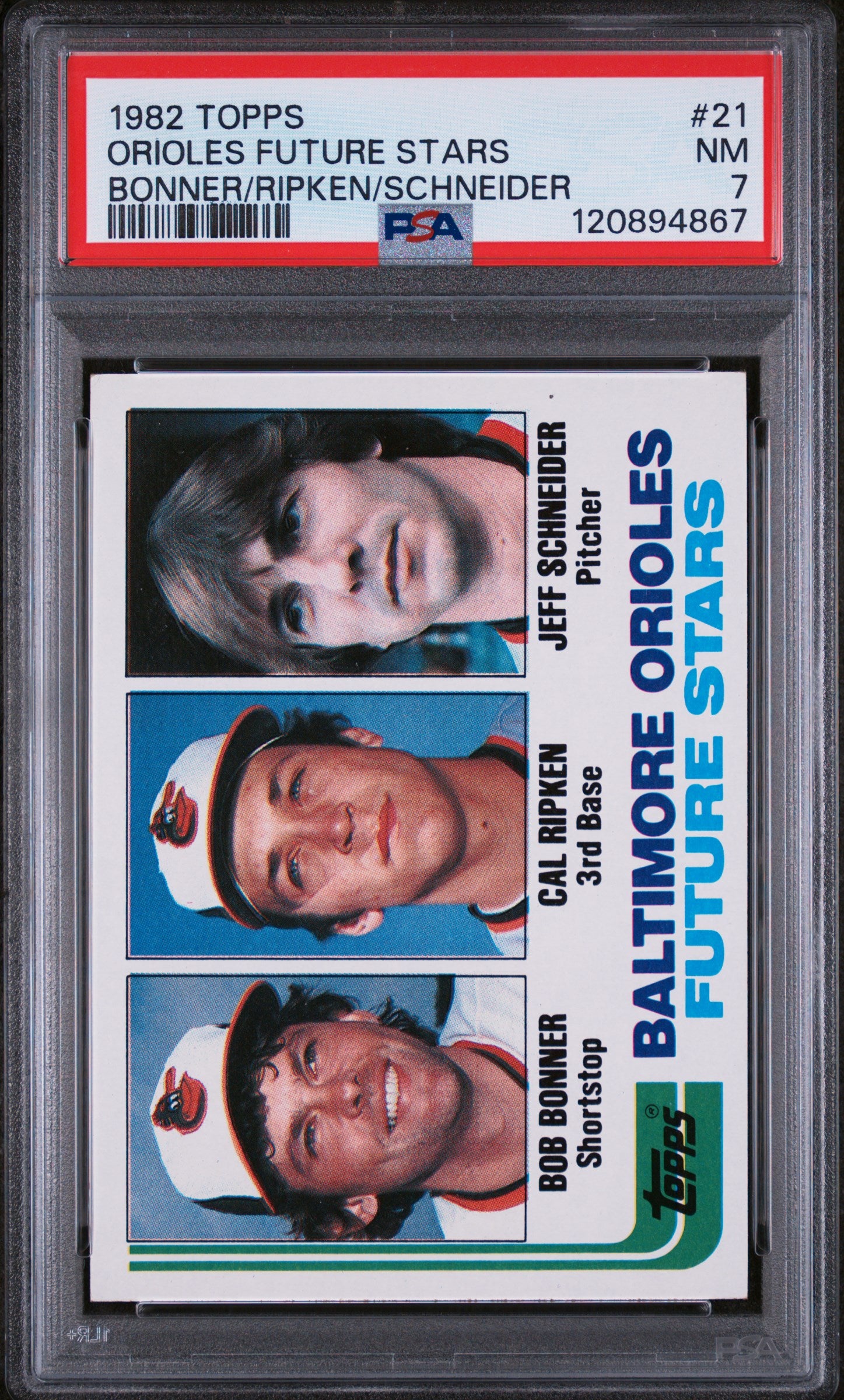1982 Topps Bob Bonner / Cal Ripken / Jeff Schneider Orioles Future Stars PSA 7