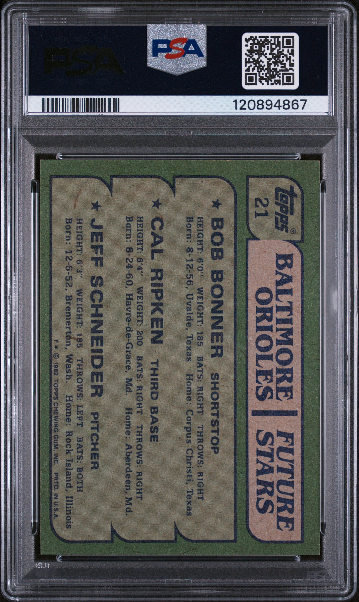 1982 Topps Bob Bonner / Cal Ripken / Jeff Schneider Orioles Future Stars PSA 7