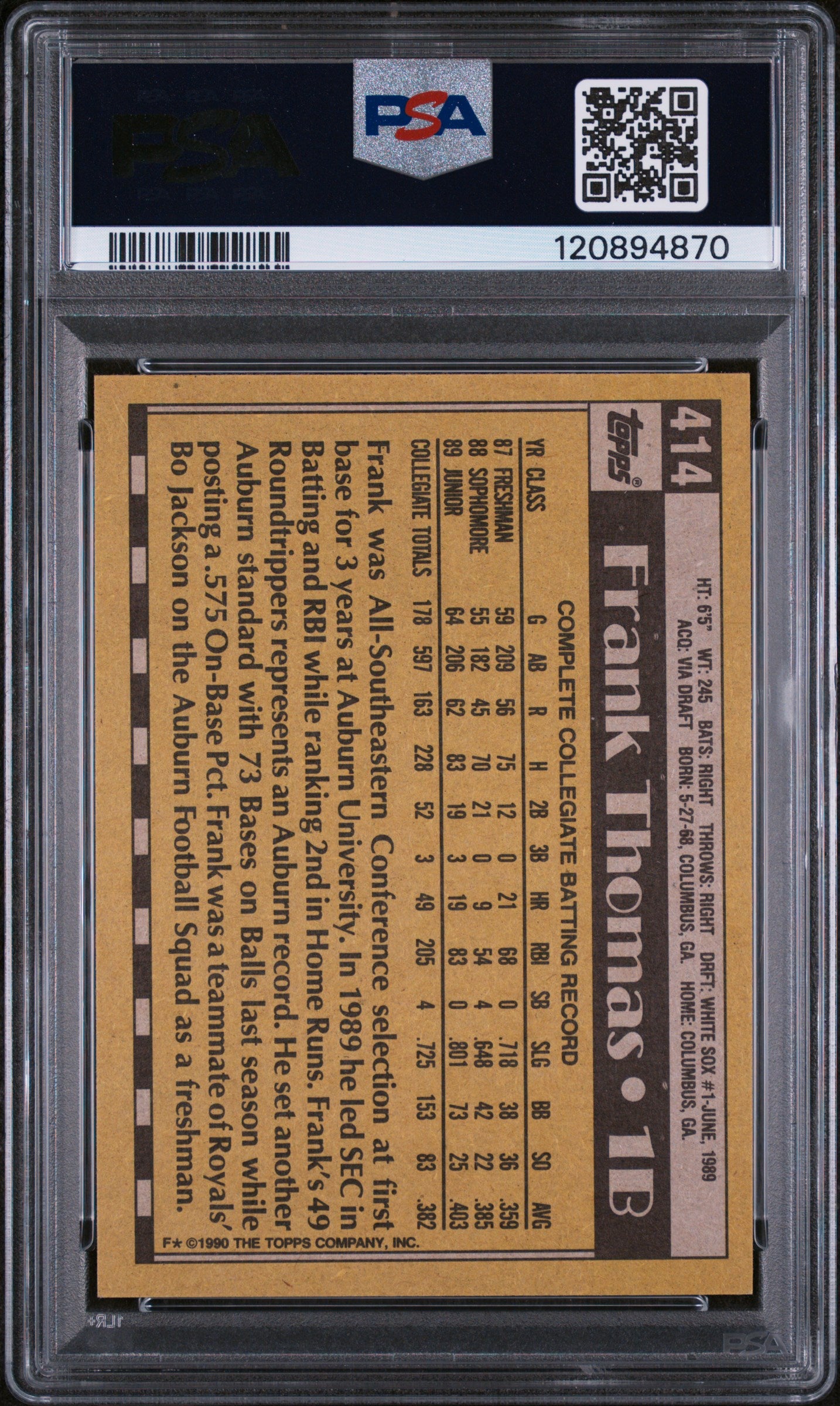 1990 Topps Name On Front Frank Thomas #414 RC PSA 9