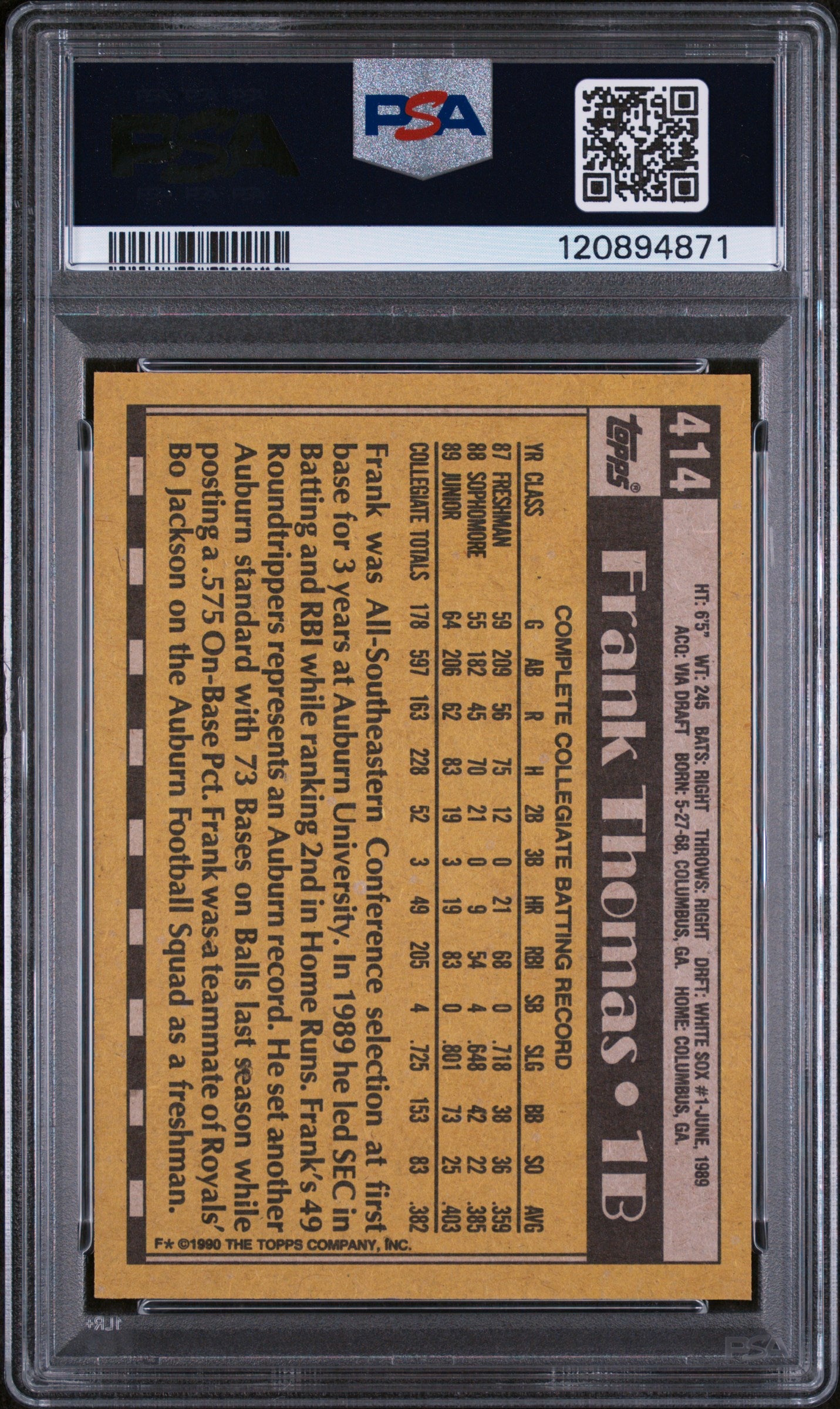 1990 Topps Name on Front Frank Thomas #414 RC PSA 9