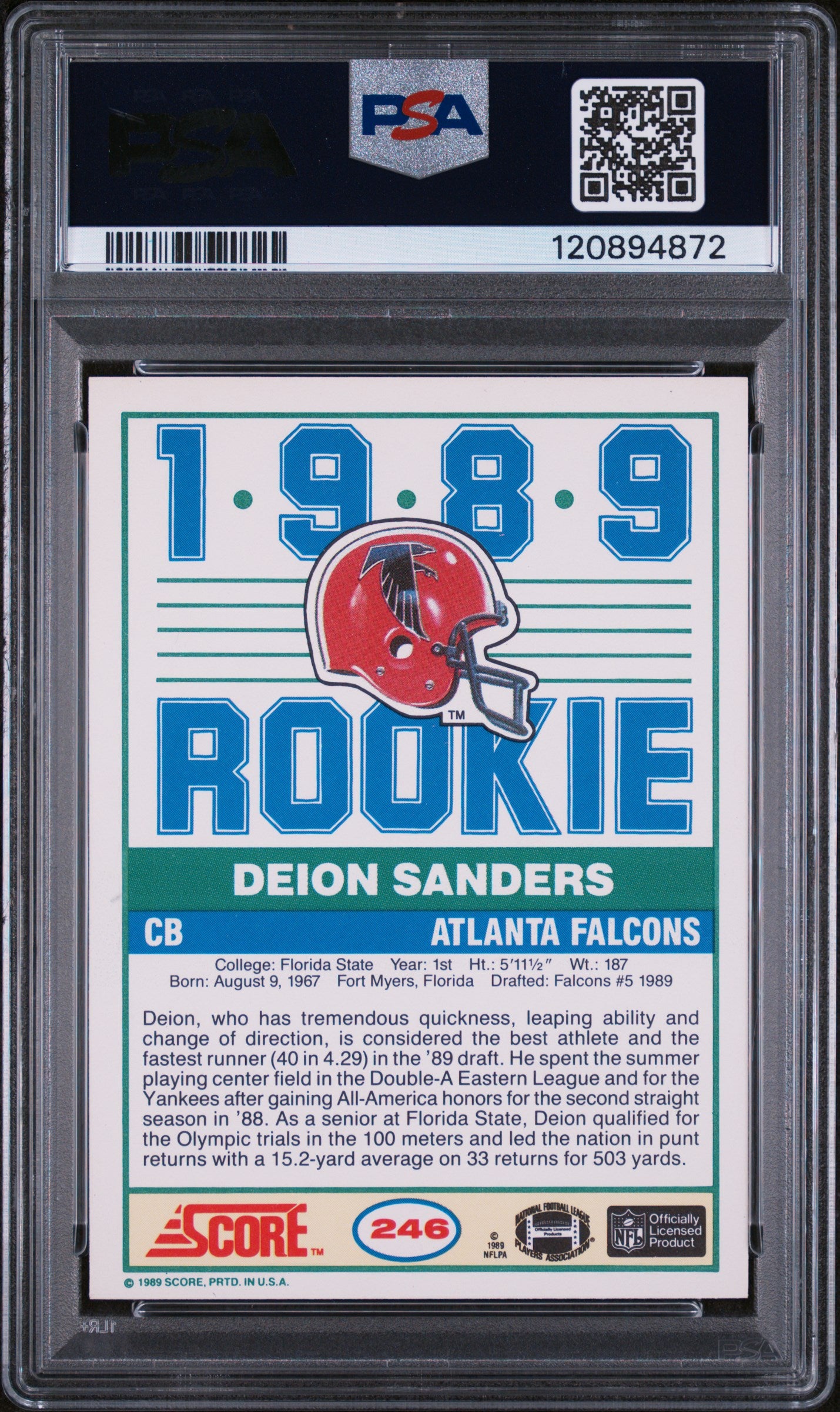 1989 Score Football Deion Sanders #246 RC PSA 8