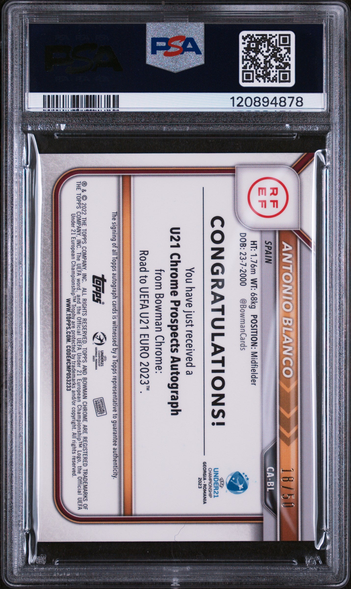 2022 Bowman Chrome Gold Antonio Blanco #CA-BL Auto /50 PSA 9