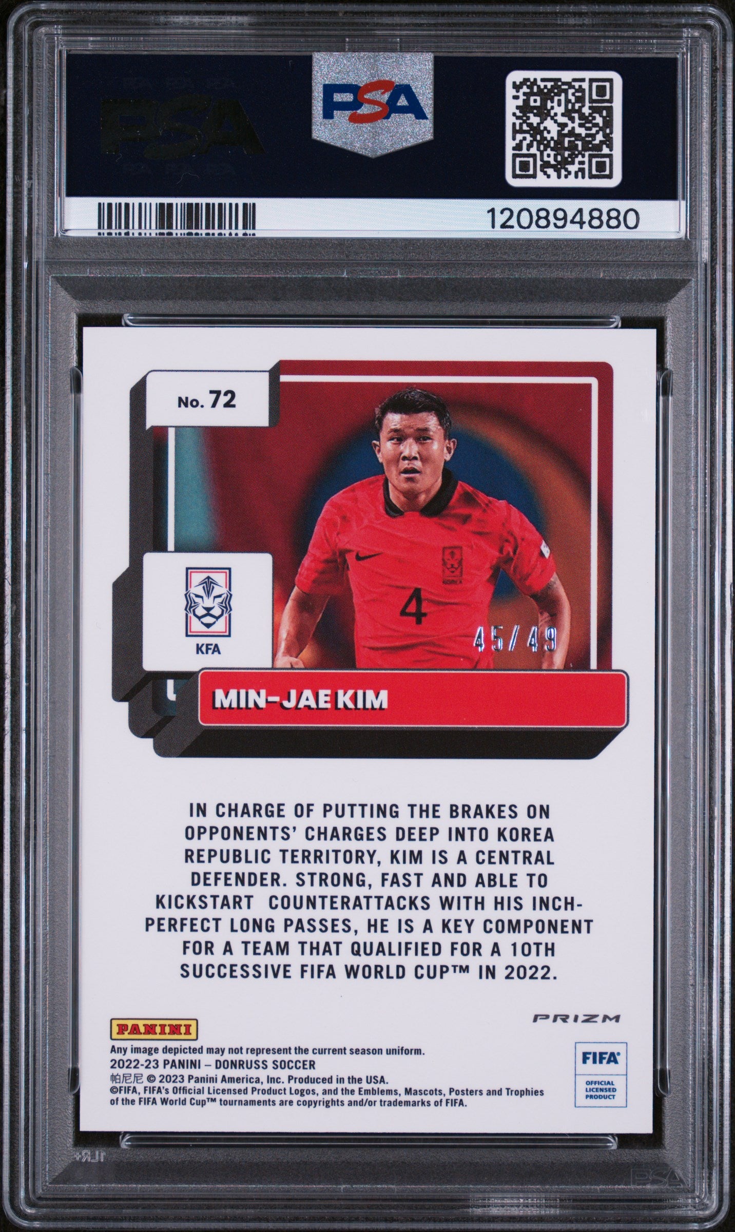2022-23 Panini Donruss FIFA Optic Teal Mojo Min-Jae Kim #72 RC /49 PSA 9