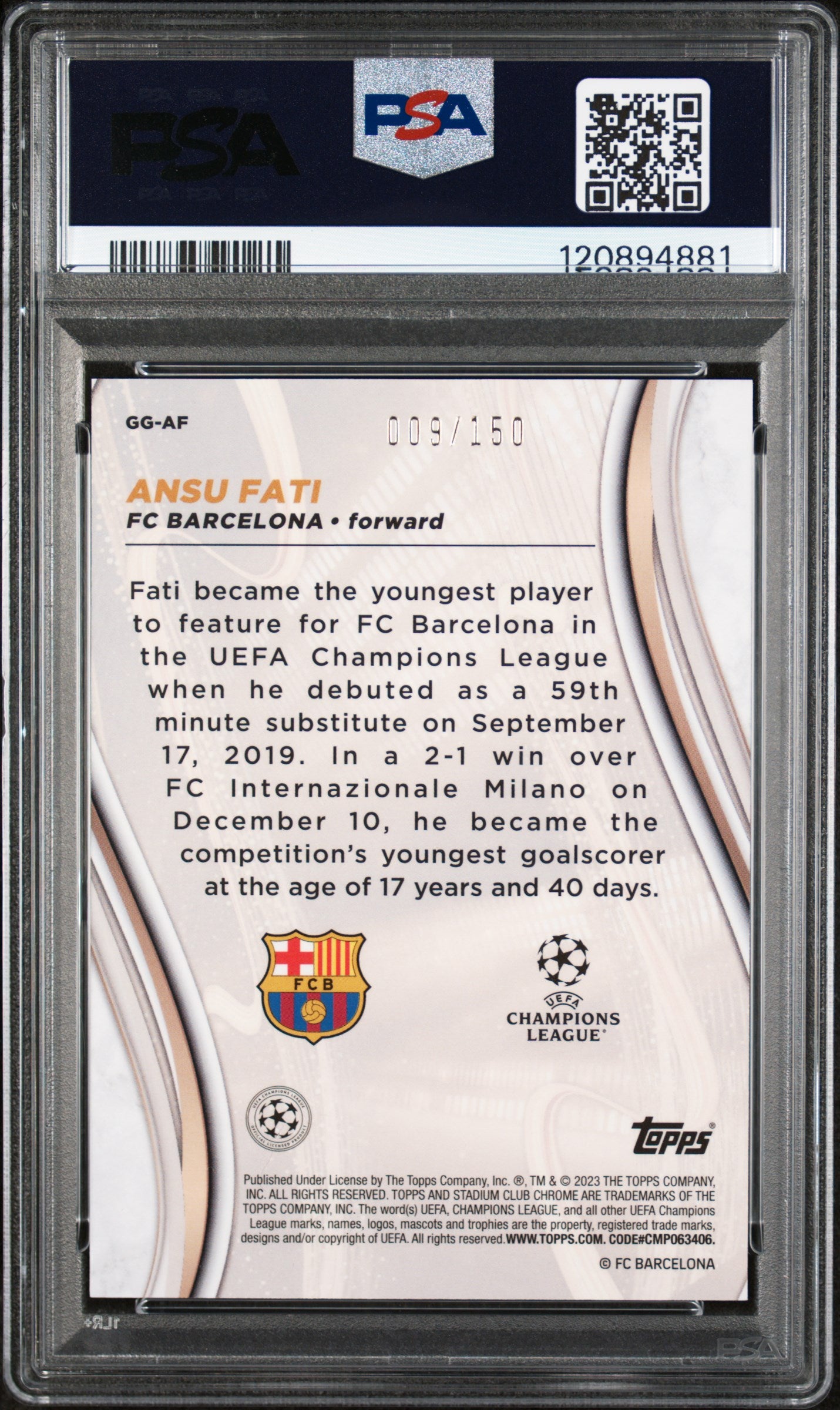 2022 Stadium Club Chrome #GGAF Ansu Fati Glimpses of Gold /150 PSA 10