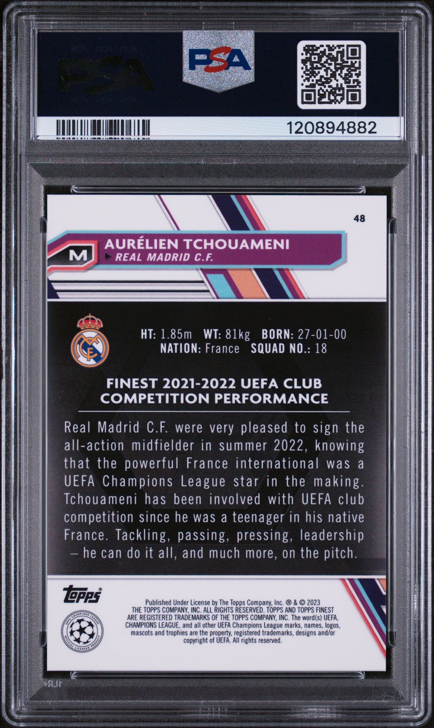 2022-23 Topps Finest UCC Sky Blue Refractor Aurelien Tchouameni #48 /275 PSA 9