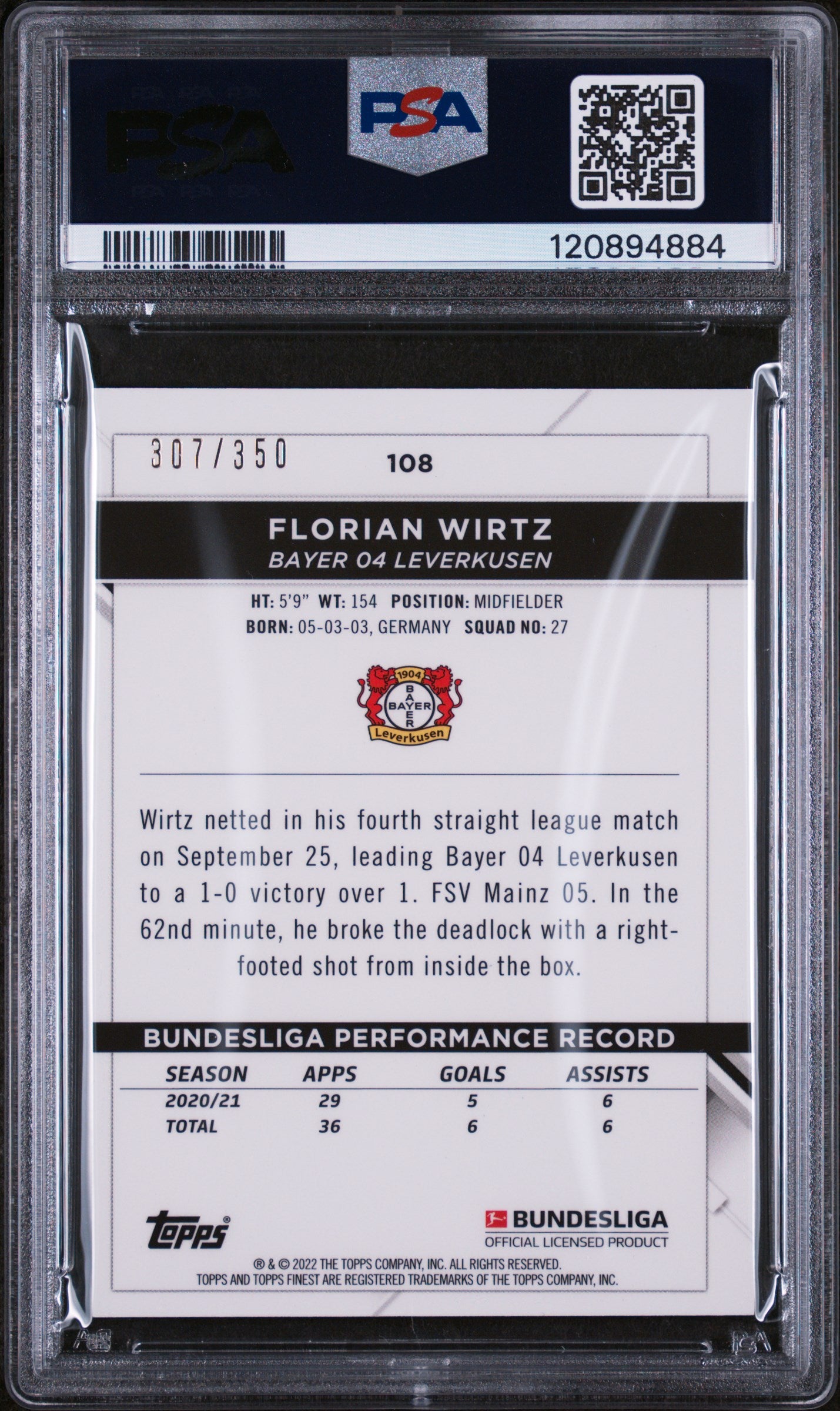 2021 Topps Finest Bundesliga Yellow Wave Refractor Florian Wirtz #108 /350 PSA 10