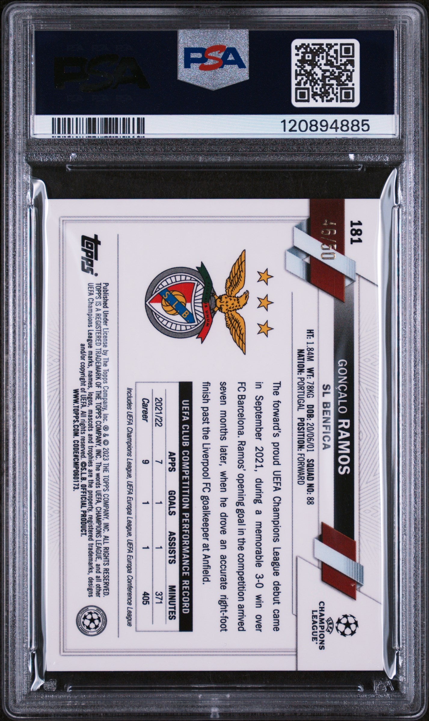 2022-23 Topps Chrome UCC Gold Mini Diamond Goncalo Ramos #181 /50 PSA 9