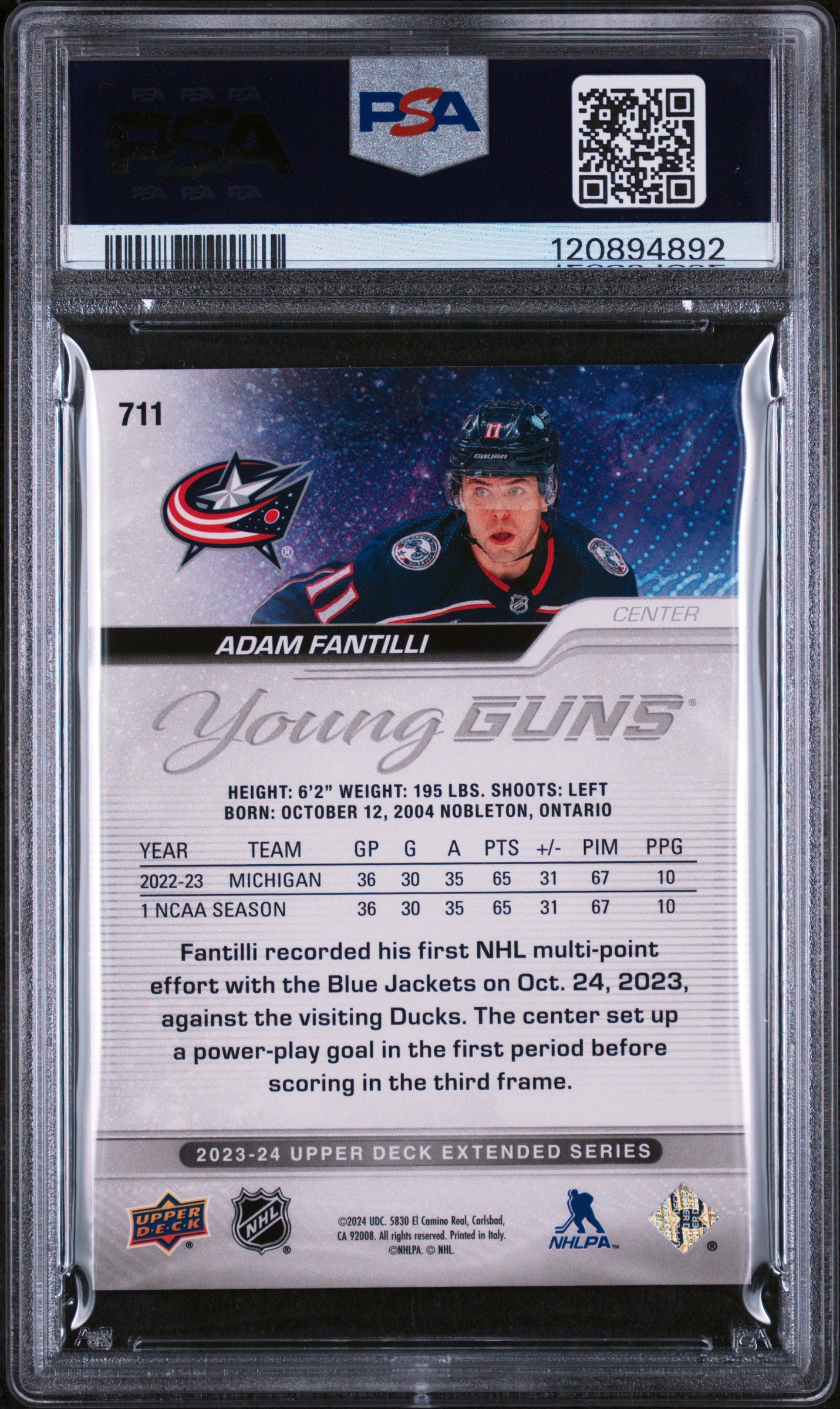 2023-24 Upper Deck Extended Series Young Guns Adam Fantilli #711 RC PSA 10