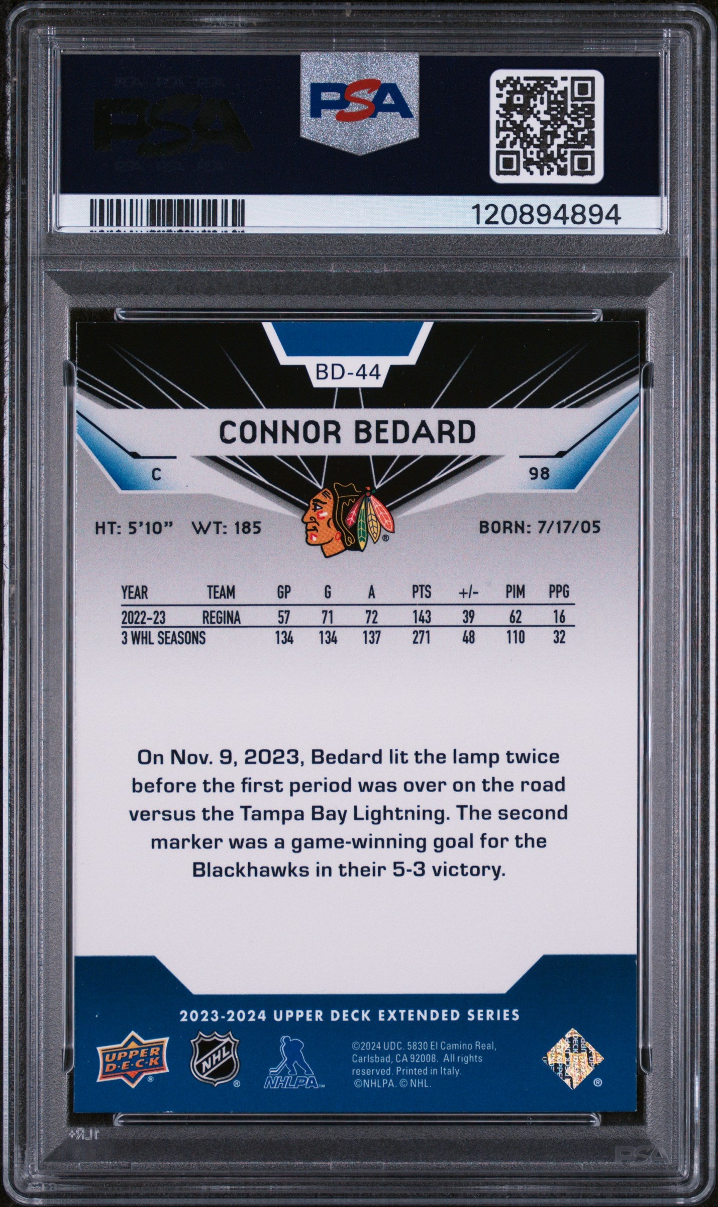 2023 Upper Deck Extended Series Black Diamond Retros Connor Bedard #BD44 PSA 8