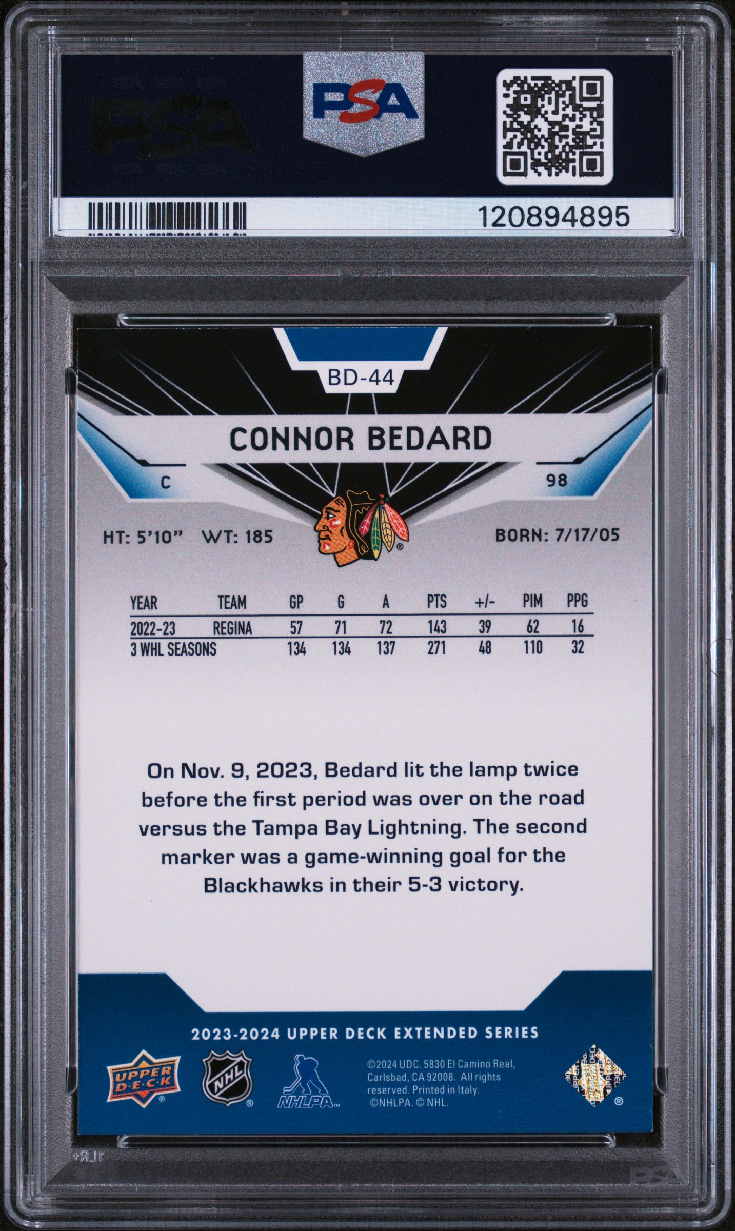 2023 Upper Deck Extended '07-08 Black Diamond Retros Connor Bedard #BD44 PSA 8