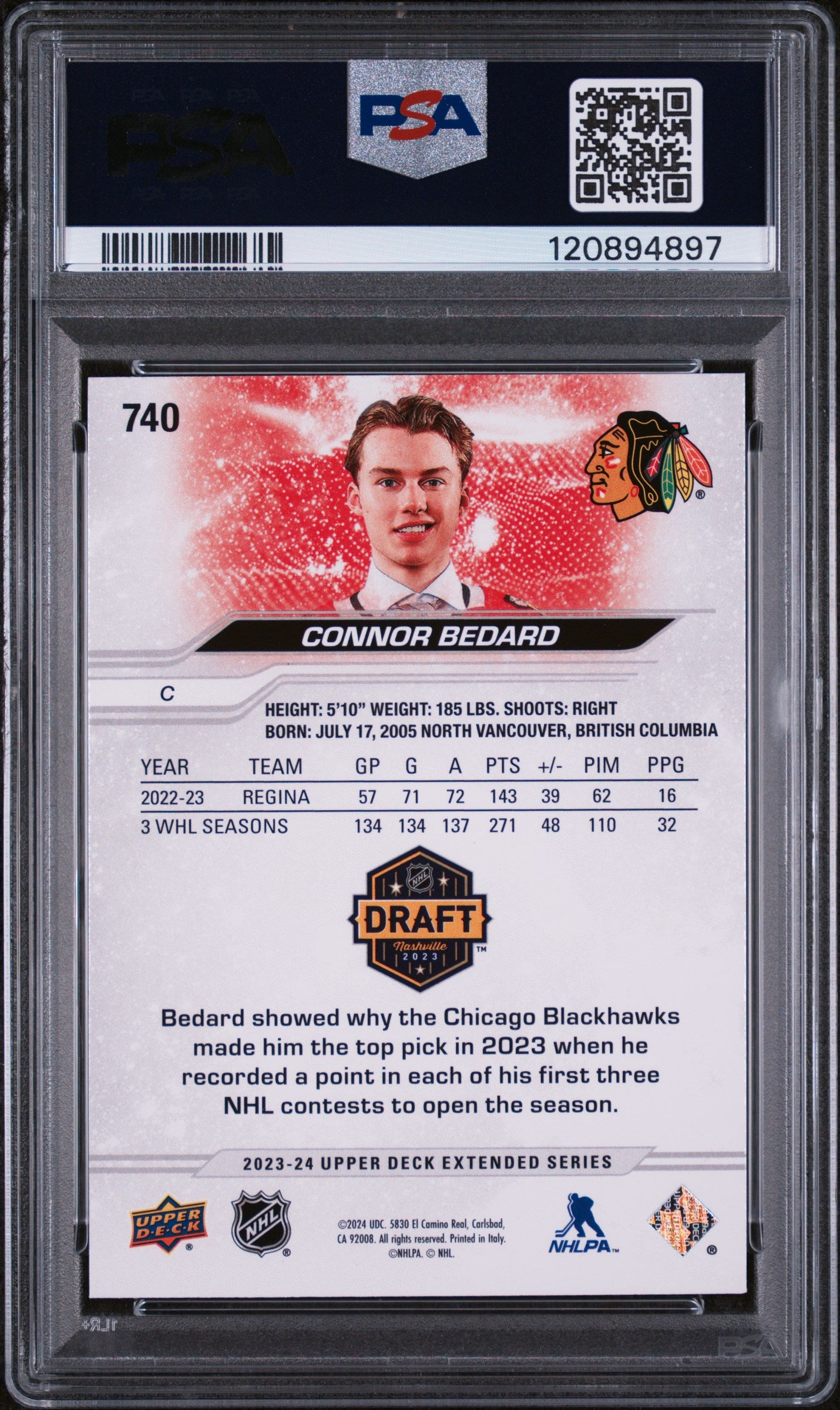 2023 Upper Deck #740 Connor Bedard Draft Nashville 2023 PSA 10