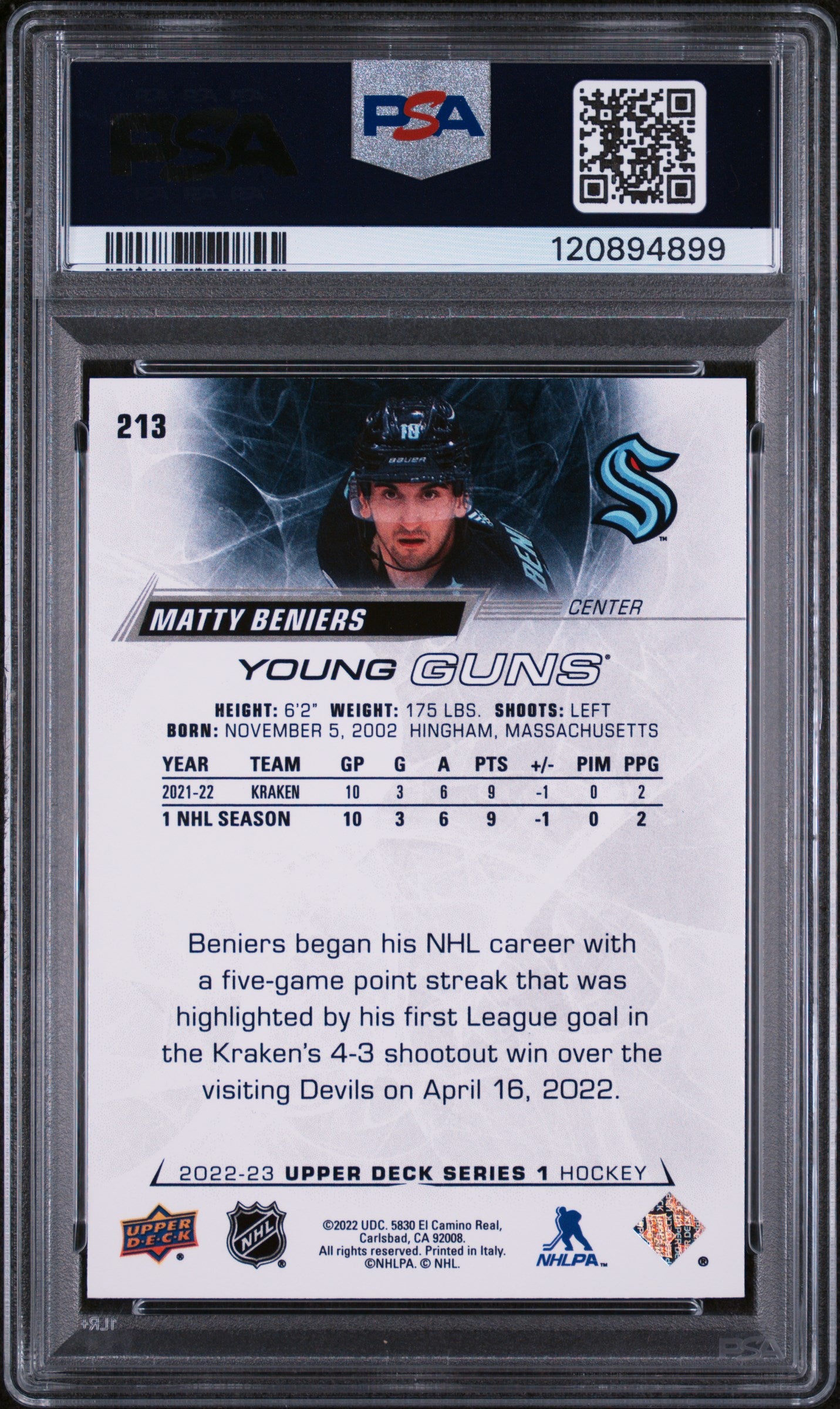 2022 Upper Deck Series 1 Young Guns Matty Beniers #213 RC PSA 8