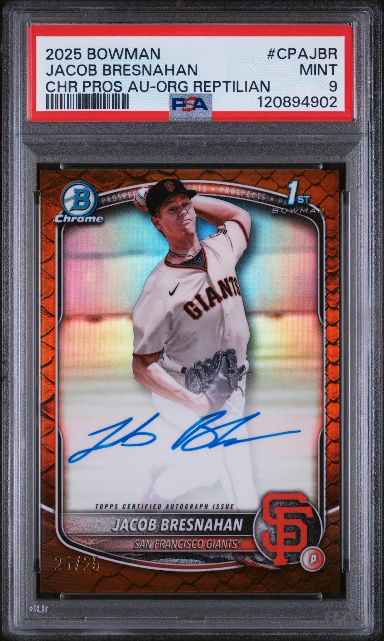 2025 Bowman Chrome Orange Reptilian Jacob Bresnahan #CPA-JBR Auto /25 PSA 9