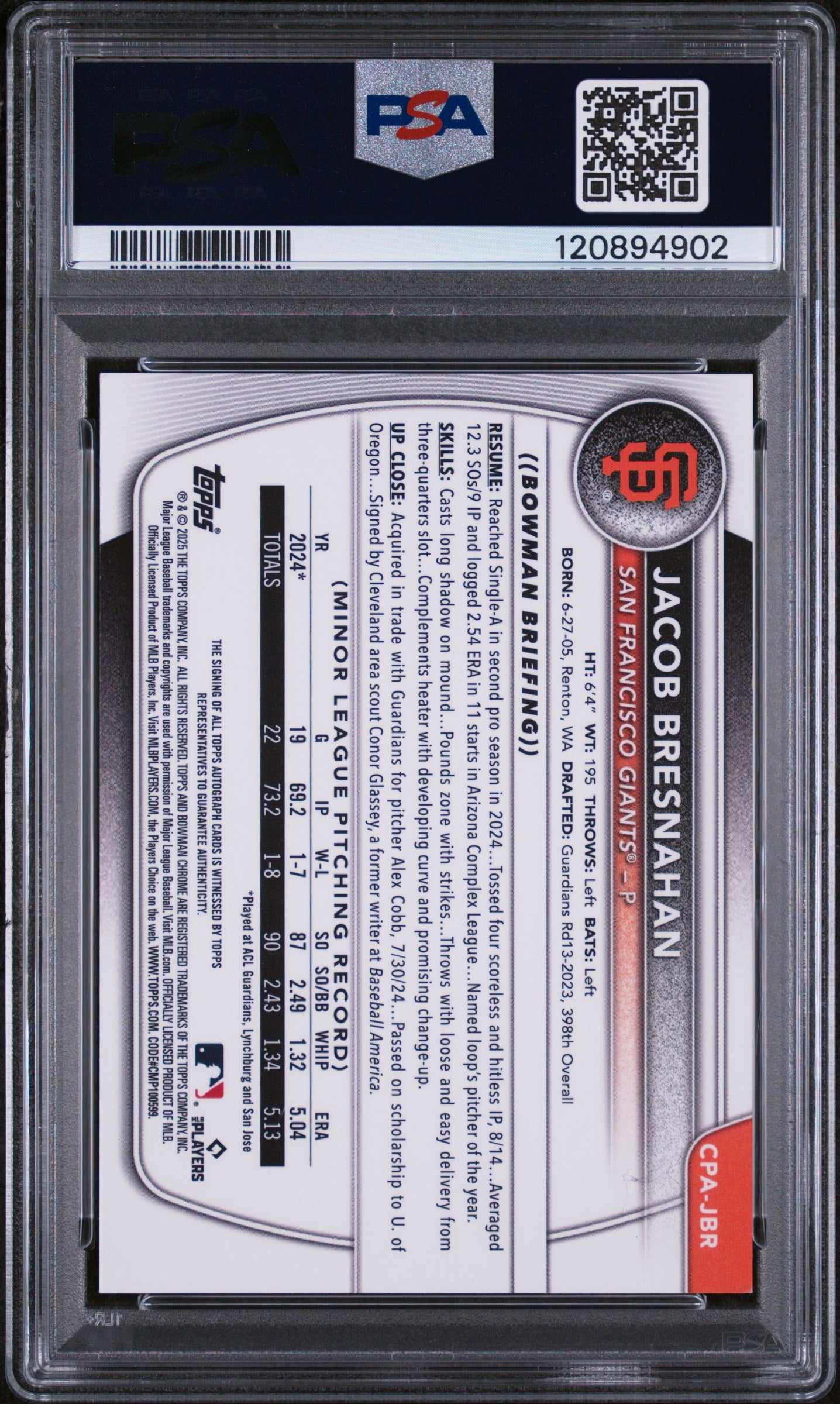 2025 Bowman Chrome Orange Reptilian Jacob Bresnahan #CPA-JBR Auto /25 PSA 9
