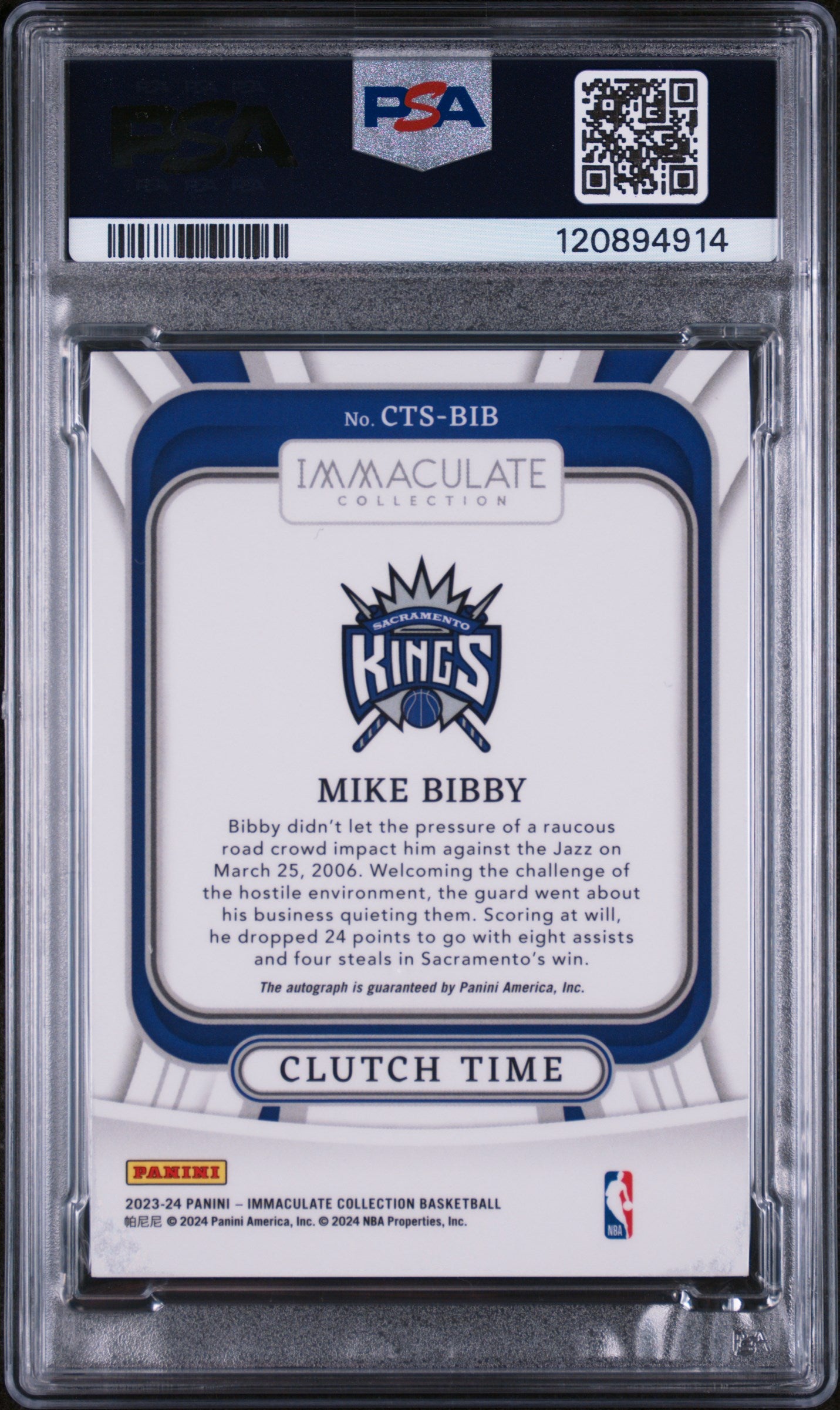 2023 Panini Immaculate Clutch Time Signature Mike Bibby #CTS-BIB Auto PSA 8