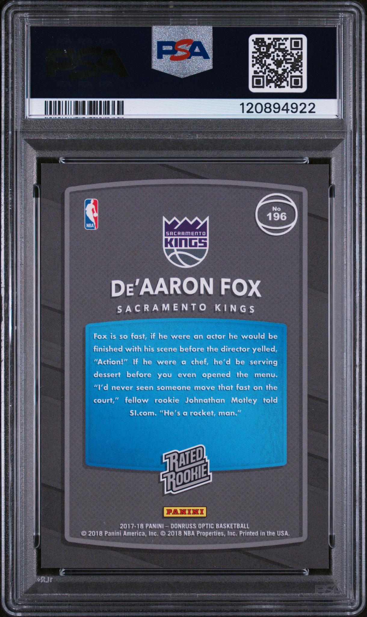 2017 Panini Donruss Optic Shock De'Aaron Fox #196 RC PSA 10