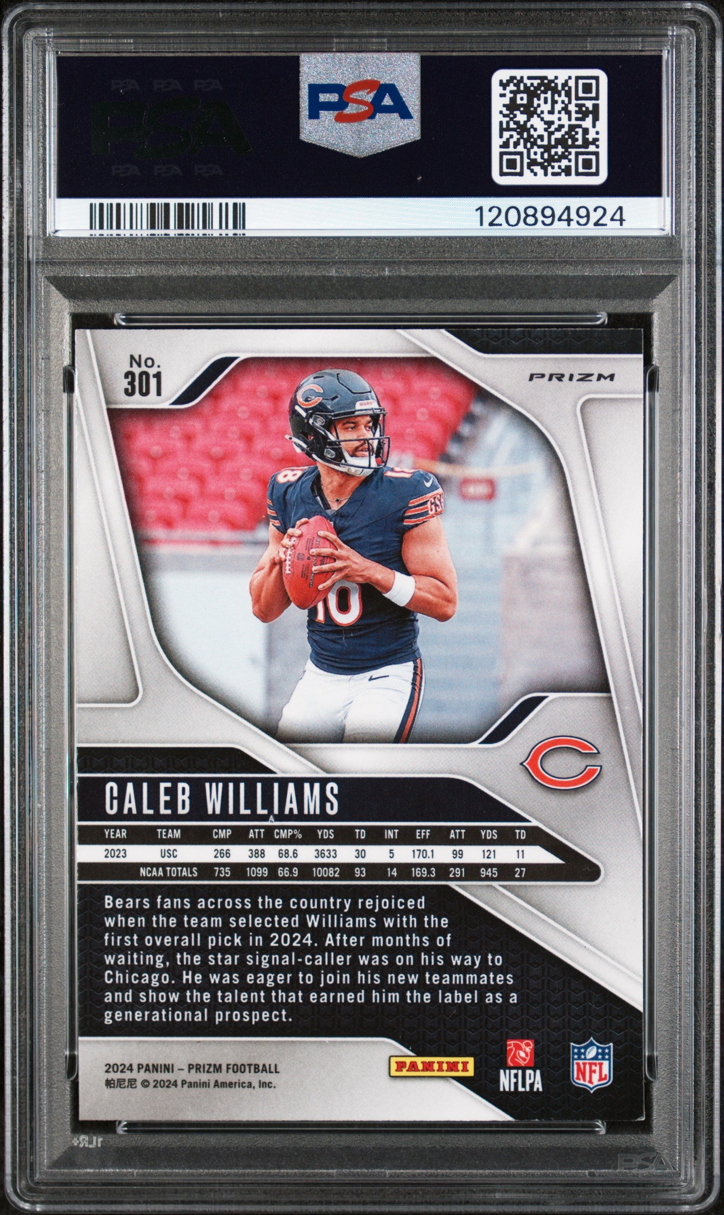2024 Panini Prizm Lazer Prizm Caleb Williams #301 RC PSA 8