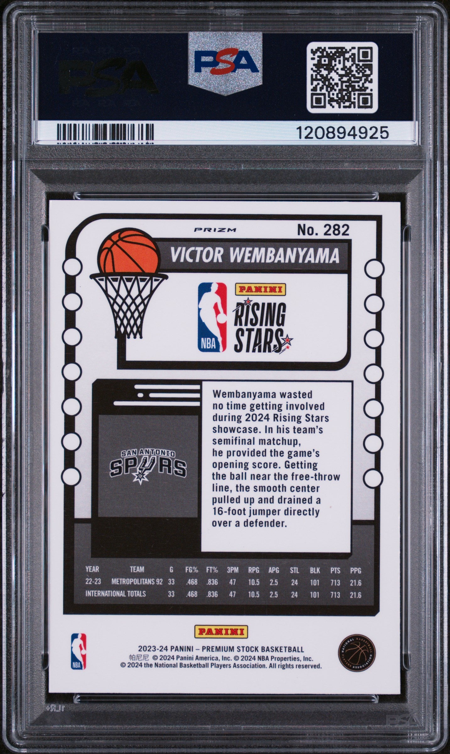 2023 Hoops Premium Stock #282 Victor Wembanyama Rising Stars PSA 8