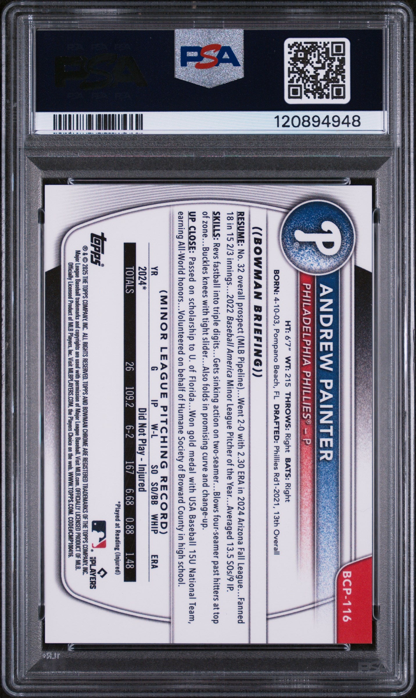 2025 Bowman Chrome Prospects Black X-Fractor Andrew Painter #BCP116 /10 PSA 9