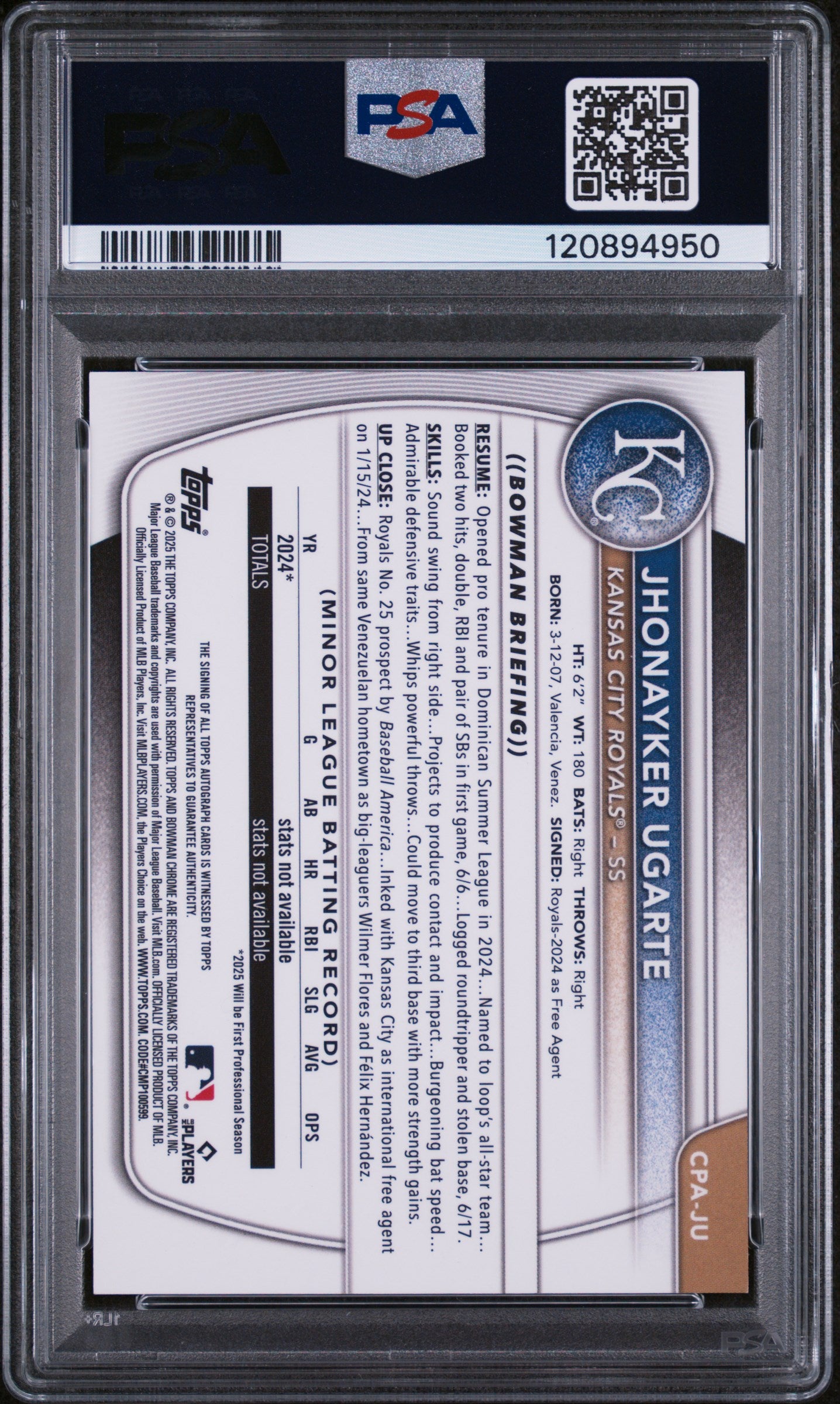 2025 Bowman Chrome Green Grass Jhonayker Ugarte #CPA-JU Auto /99 PSA 10