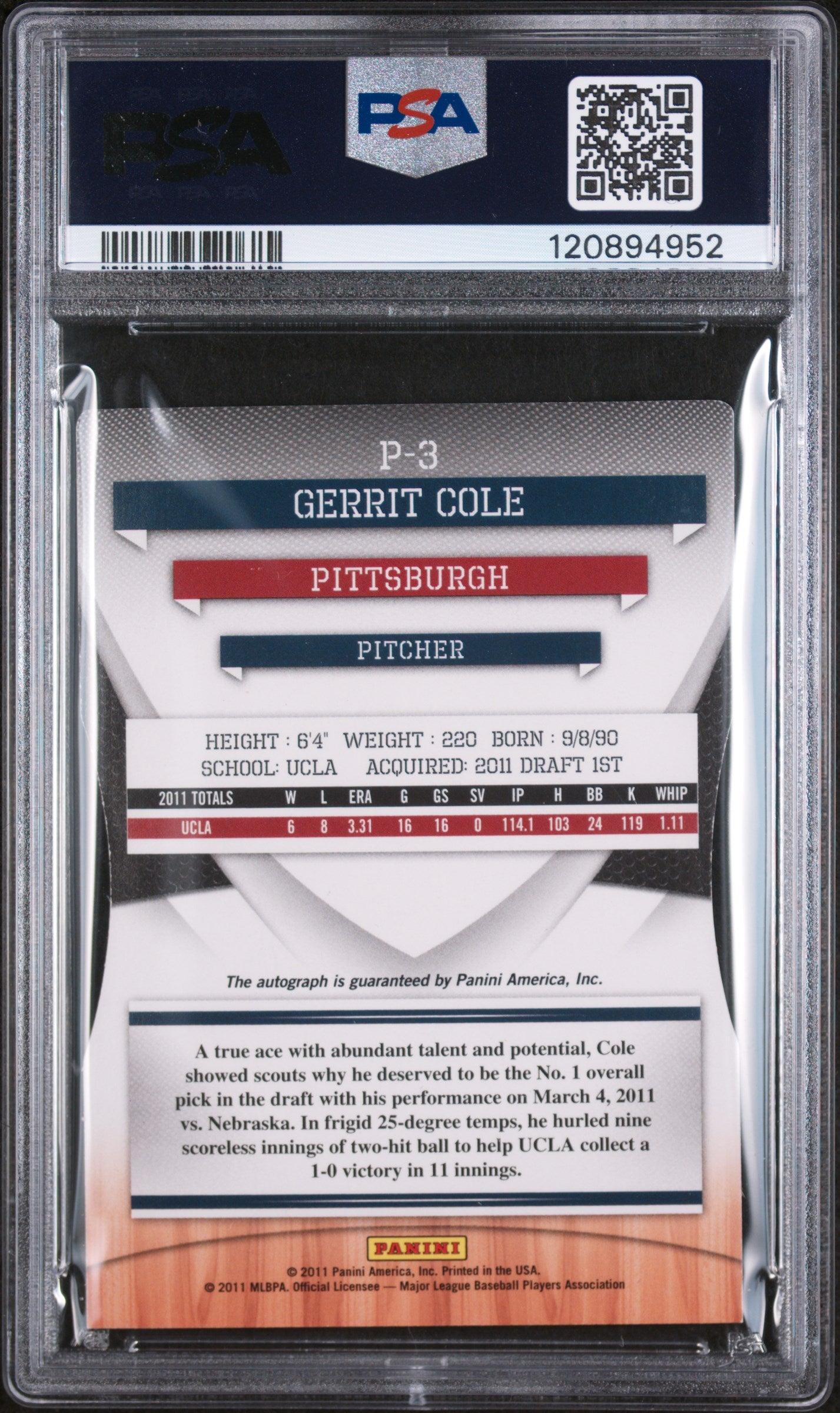 2011 Donruss Elite Extra Edition Aspirations Gerrit Cole #P-3 Auto /100 PSA 9