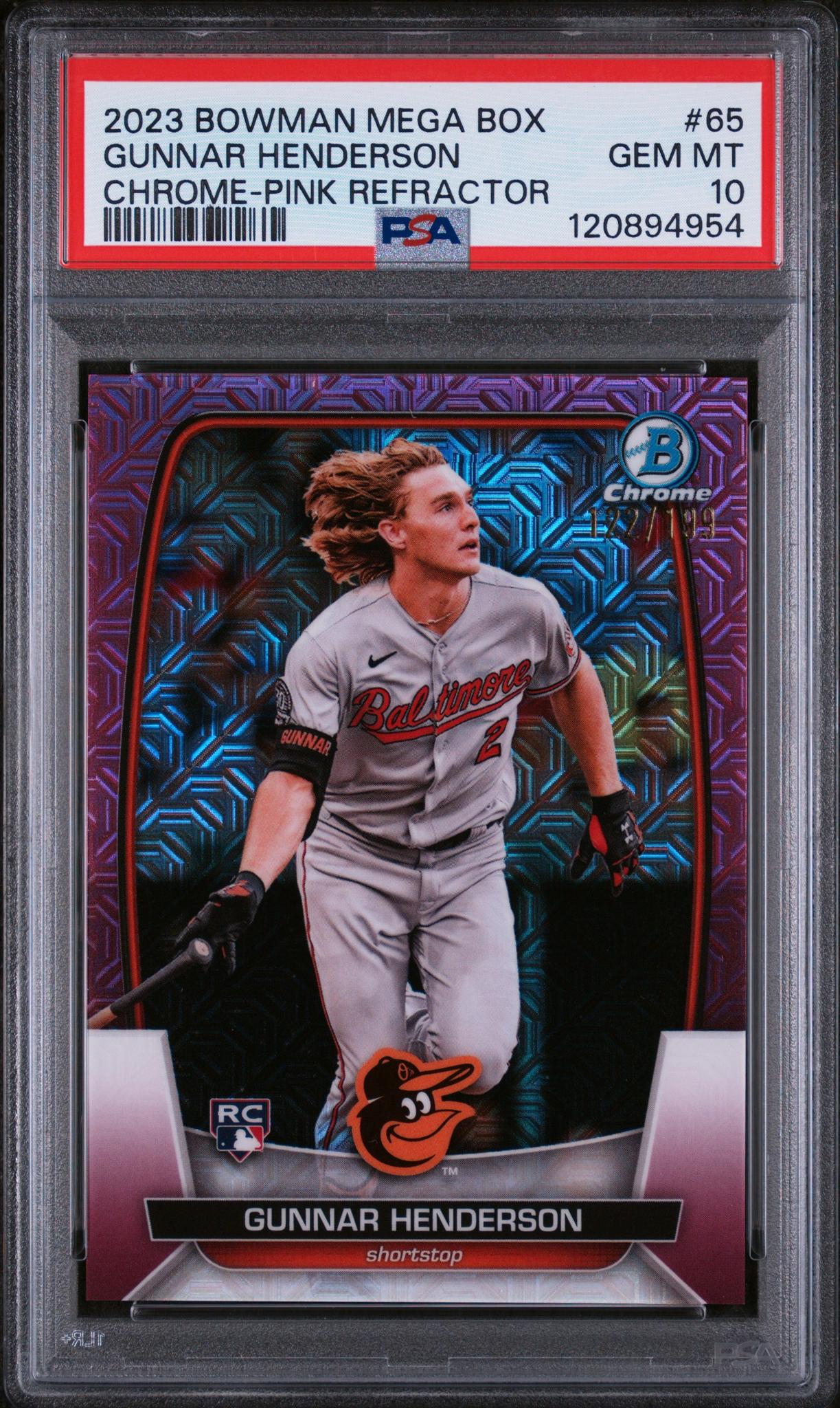 2023 Bowman Mega Box Chrome Pink Refractor Gunnar Henderson #65 RC /199 PSA 10