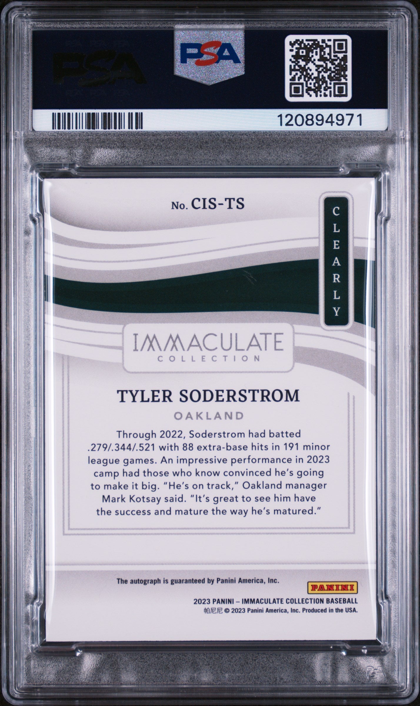 2023 Panini Immaculate Clearly Signature Tyler Soderstrom #CIS-TS Auto /49 PSA 8