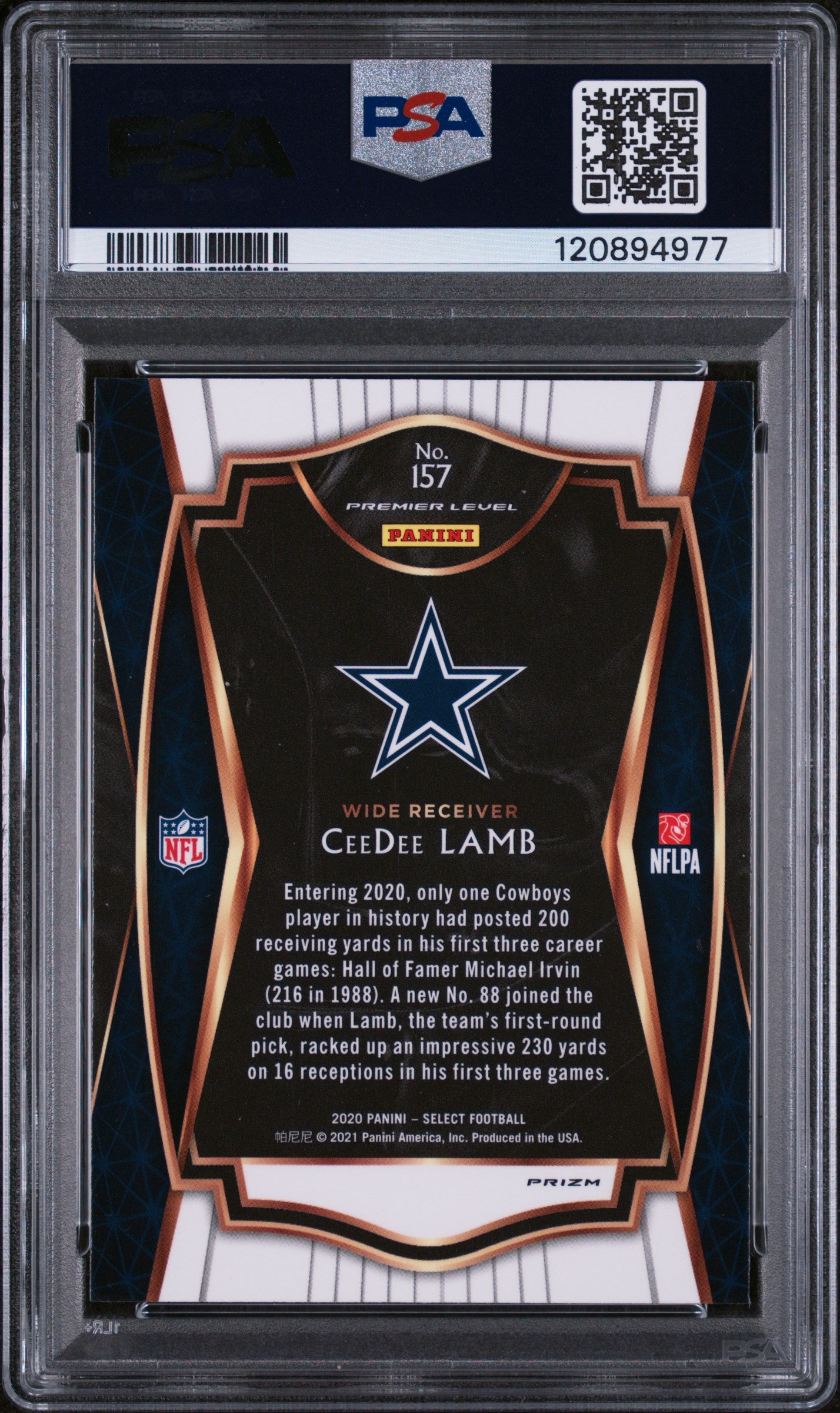 2020 Panini Select Premier Level Silver Prizm CeeDee Lamb #157 RC PSA 9