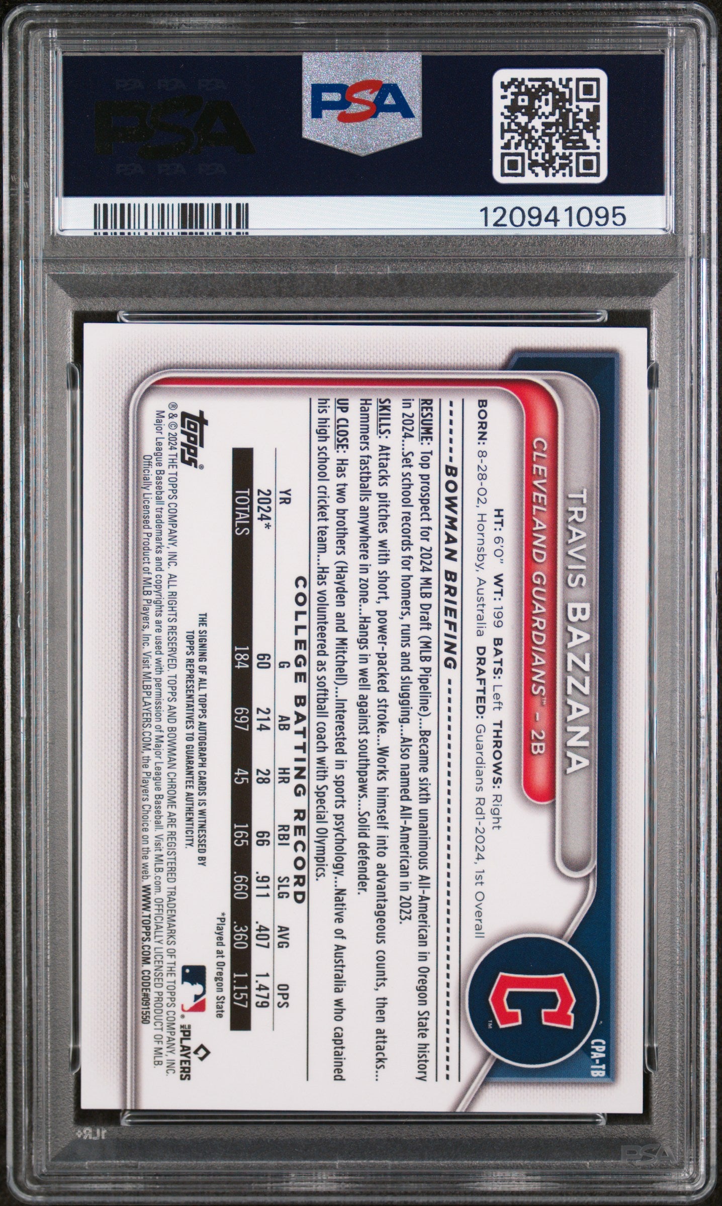 2024 Topps Bowman Draft Chrome Aqua Lava Travis Bazzana #CPA-TB Auto /199 PSA 8
